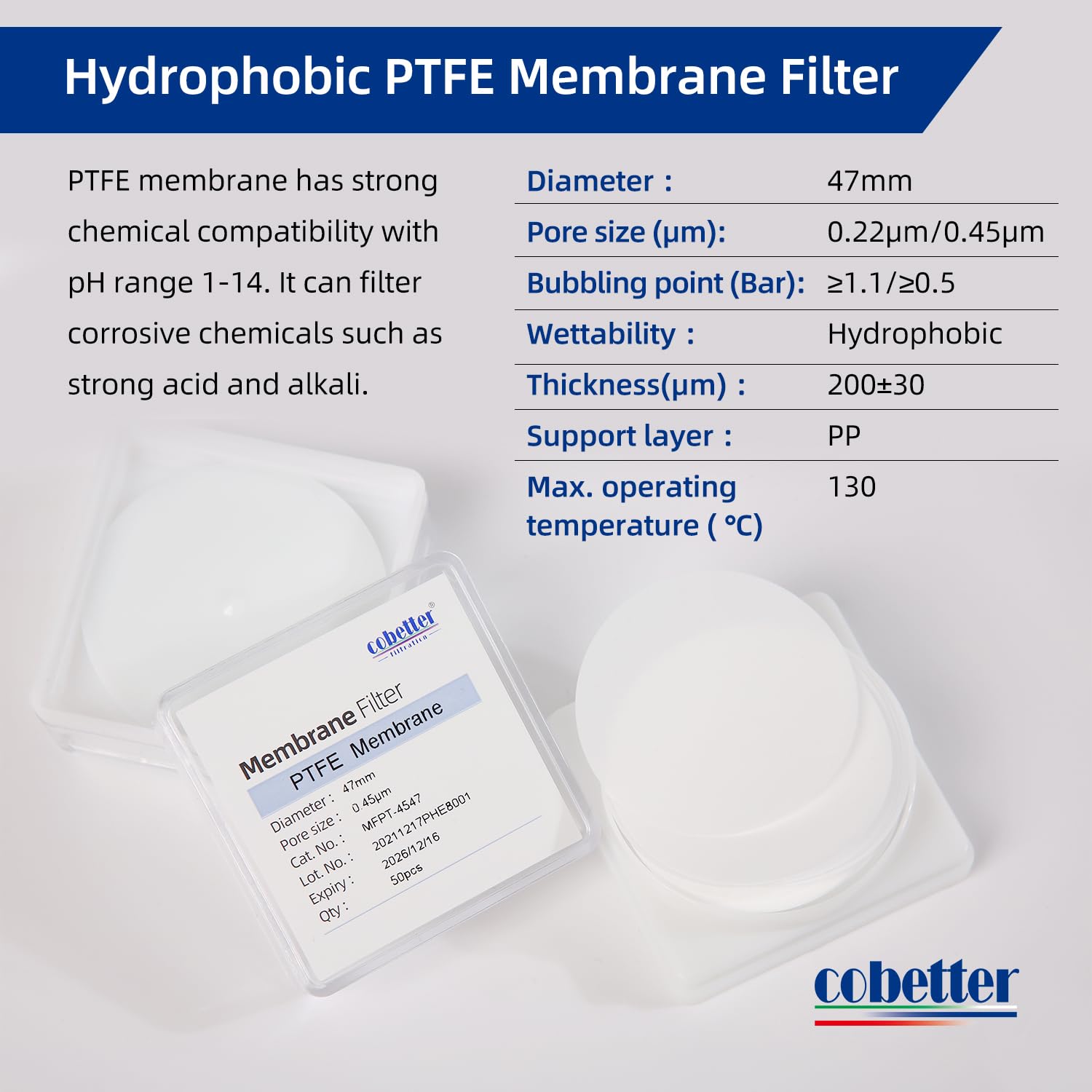 PTFE-Membranfilter für Laborscheibe, hydrophober Filter, 47 mm Durchmesser, 0,45 µm Porengröße, 100 Stück/Packung