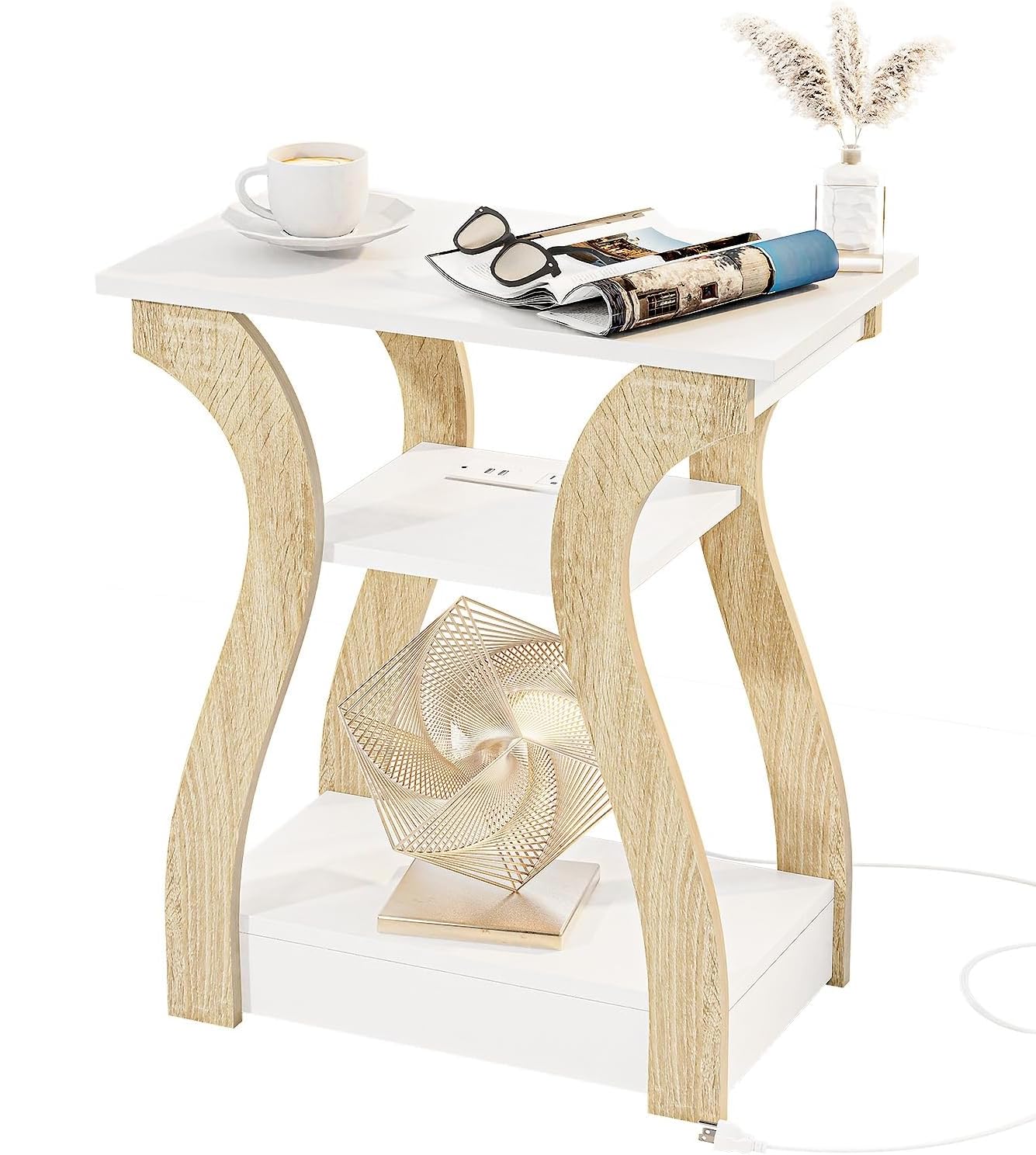 End Table with Charging Station, Side Table with USB Ports and Outlets, Nightstand, 3 Tier End Table with Storage Shelf for Living Room, Bedroom (White)