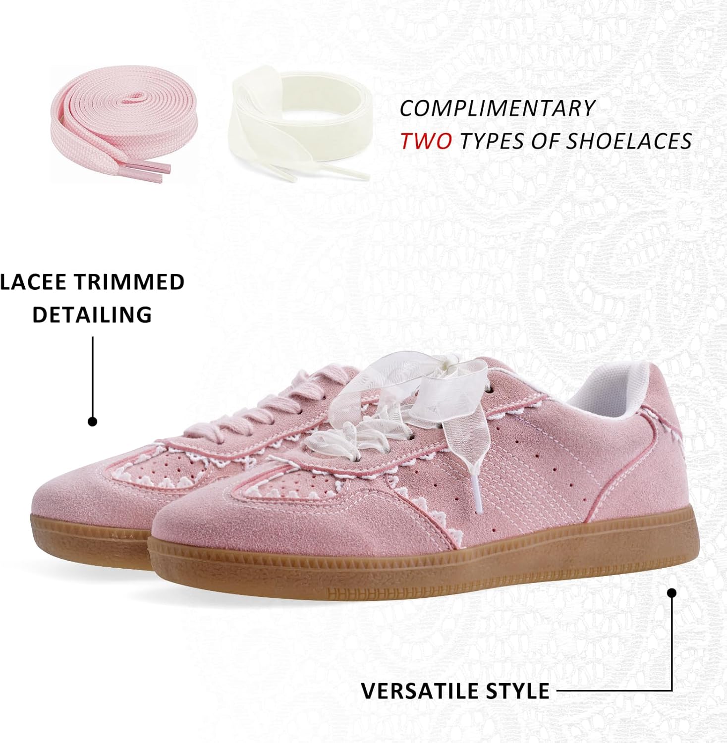 Women's Lace Detail Lace-Up Casual Sneakers - Elegant Ribbon Ribbon Lace Walking Shoes Non-Slip Sole Breathable Comfort for Daily Outfits