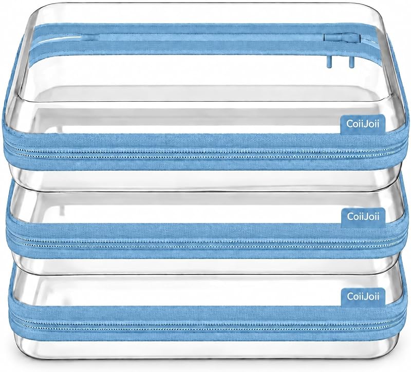 Necessaire organizadora CoiiJoii com zíper, plástico transparente, azul, pacote com 3