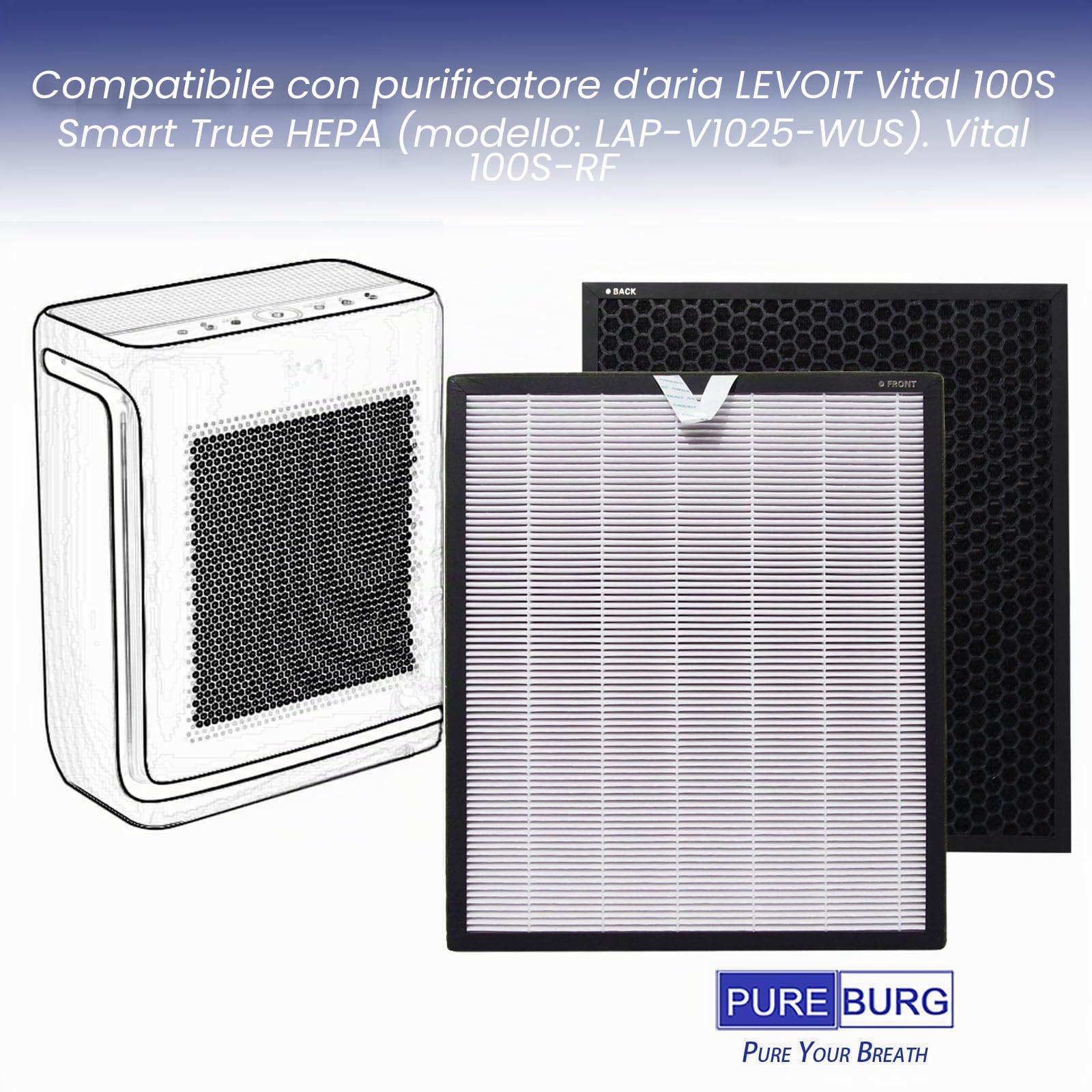 PUREBURG Filtri di Ricambio HEPA Compatibili Con Purificatore d'Aria LEVOIT Vital 100S Smart (Modello: LAP-V102S-WUS), H13 Filtrazione a 3 Stadi Carbone
