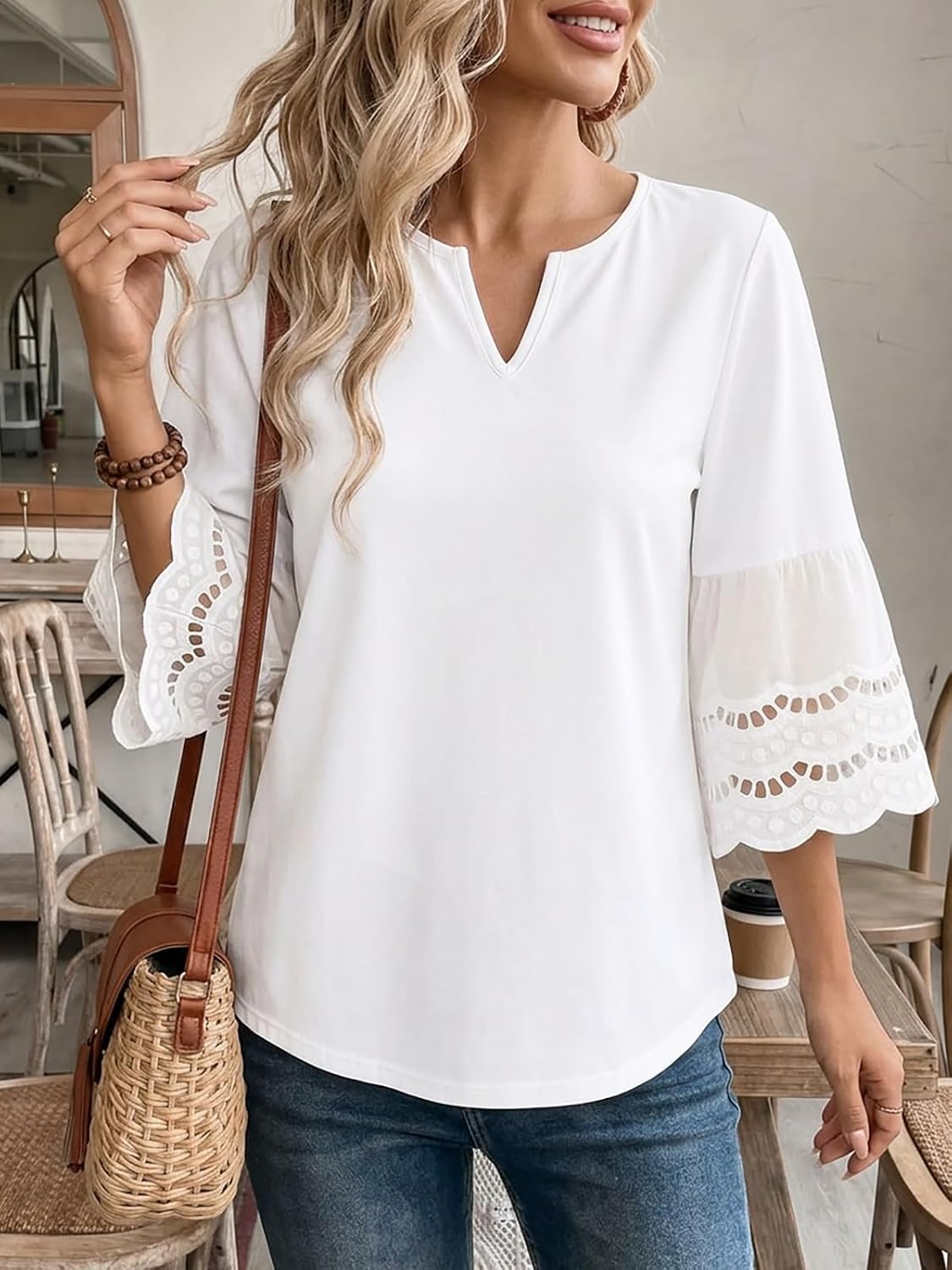 Flowyair Womens V Neck 3/4 Sleeve Tunic Tops Casual Summer Flowy Tops | Bell Short Sleeve, Eyelet Tops, Trendy, Boho Shirts, Hollow Out Blouses For Vacation