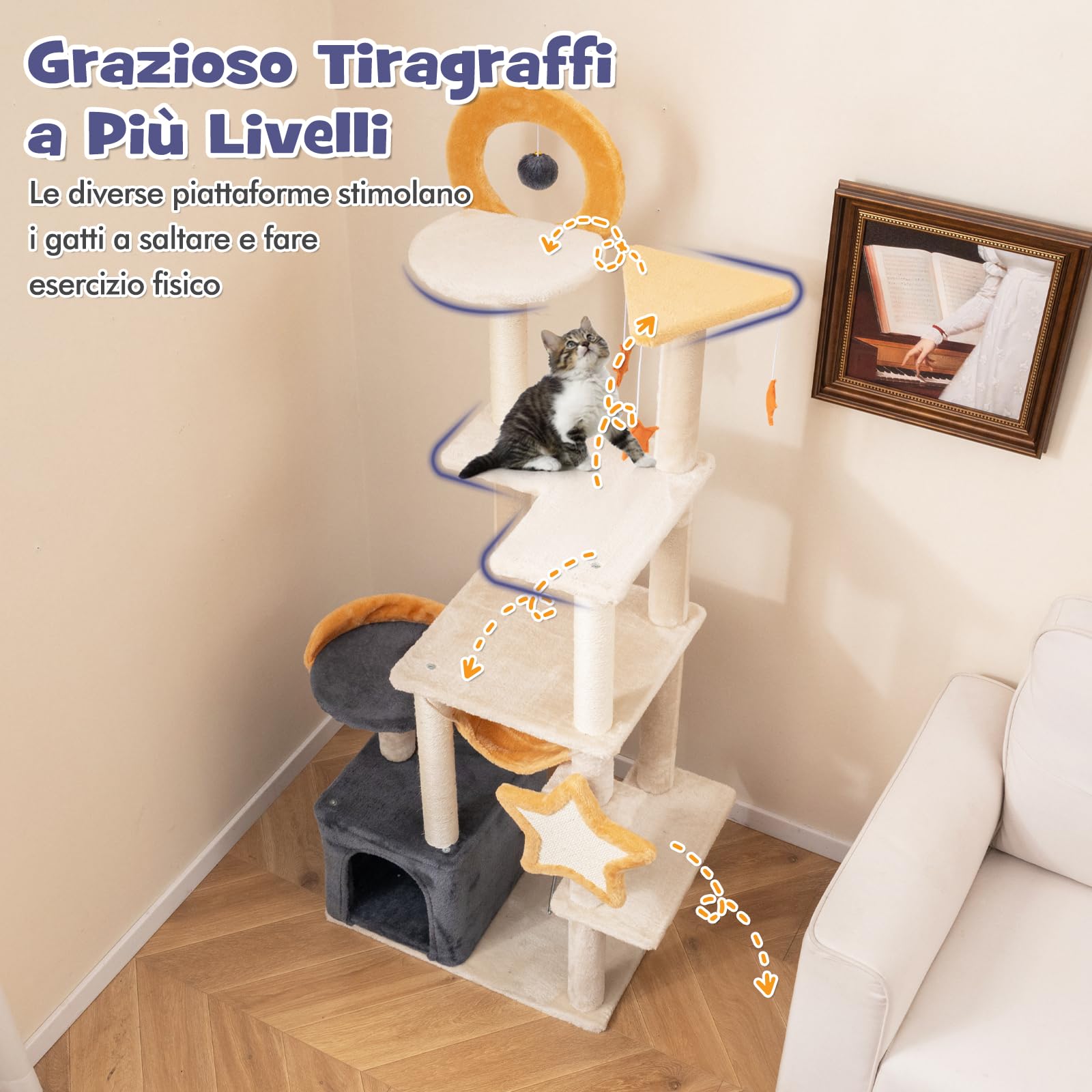 COSTWAY Albero per Gatti da Interno da 160 cm, Albero Tiragraffi con Pali e Tavole da Graffio in Sisal, Condominio, Trespolo in Peluche, Piattaforme, Giocattoli Appesi e Palla a Molla