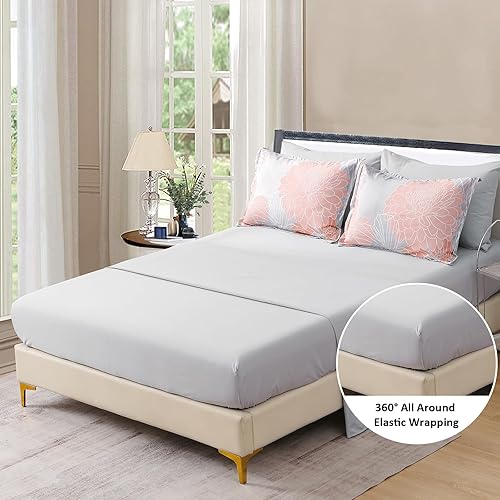 Miniatura 4 de Yiran Juego de edredón de 7 piezas color gris rubor floral en una bolsa, juego de ropa de cama de microfibra suave, tamaño Queen de 90 x 90 pulgadas