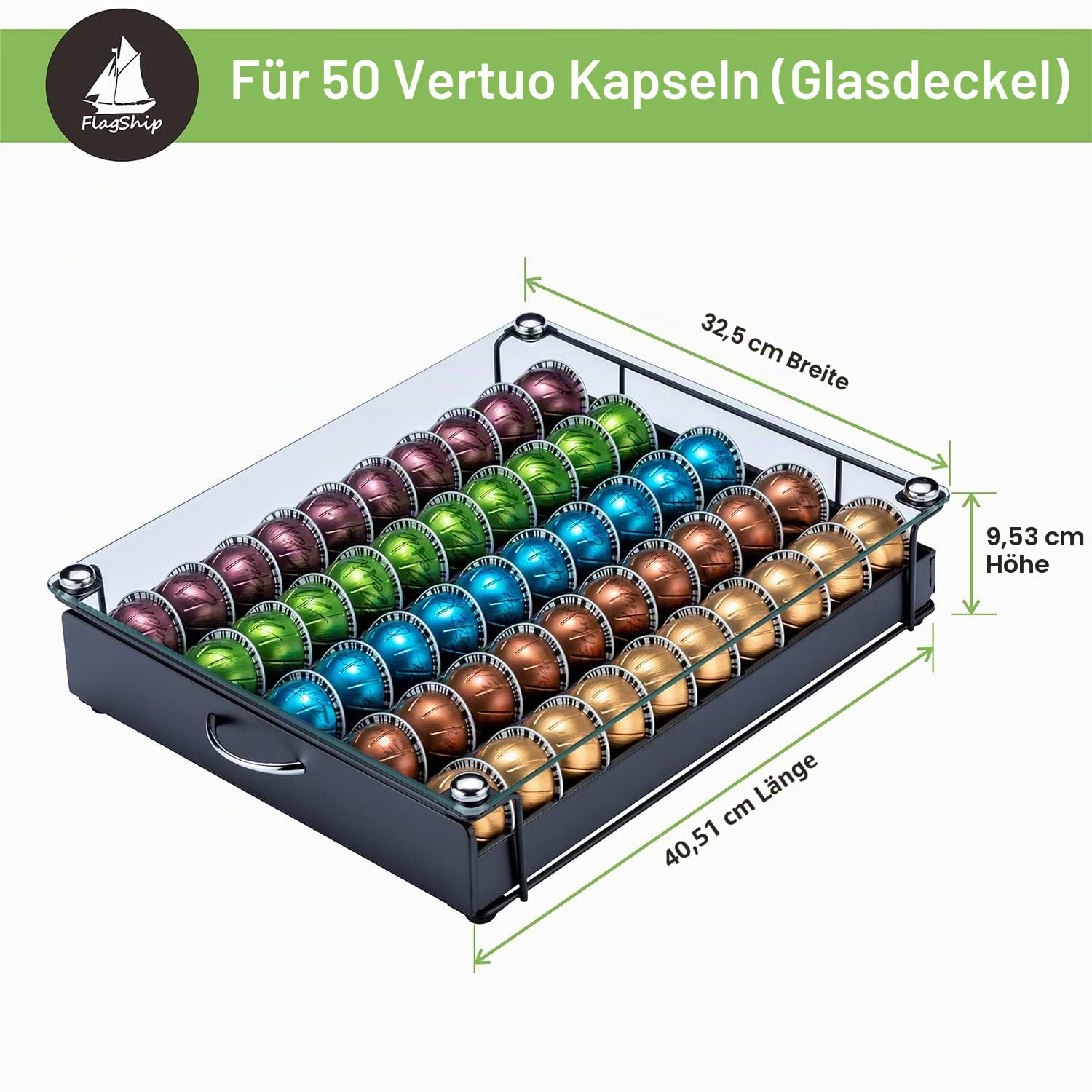 FlagShip Vertuo Kapselhalter, Organizer für Nespresso Kaffeekapseln, Glas (Kapazität 50 Kapseln)