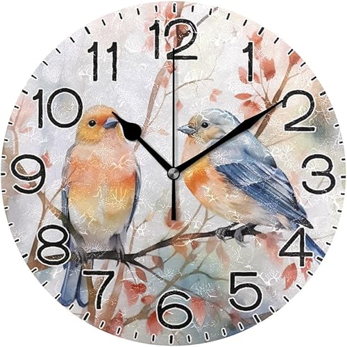 Reloj de pared con diseño de pájaros en rama, funciona con pilas, silencioso, de cuarzo, analógico, rústico, estilo rural, redondo, decoración retro