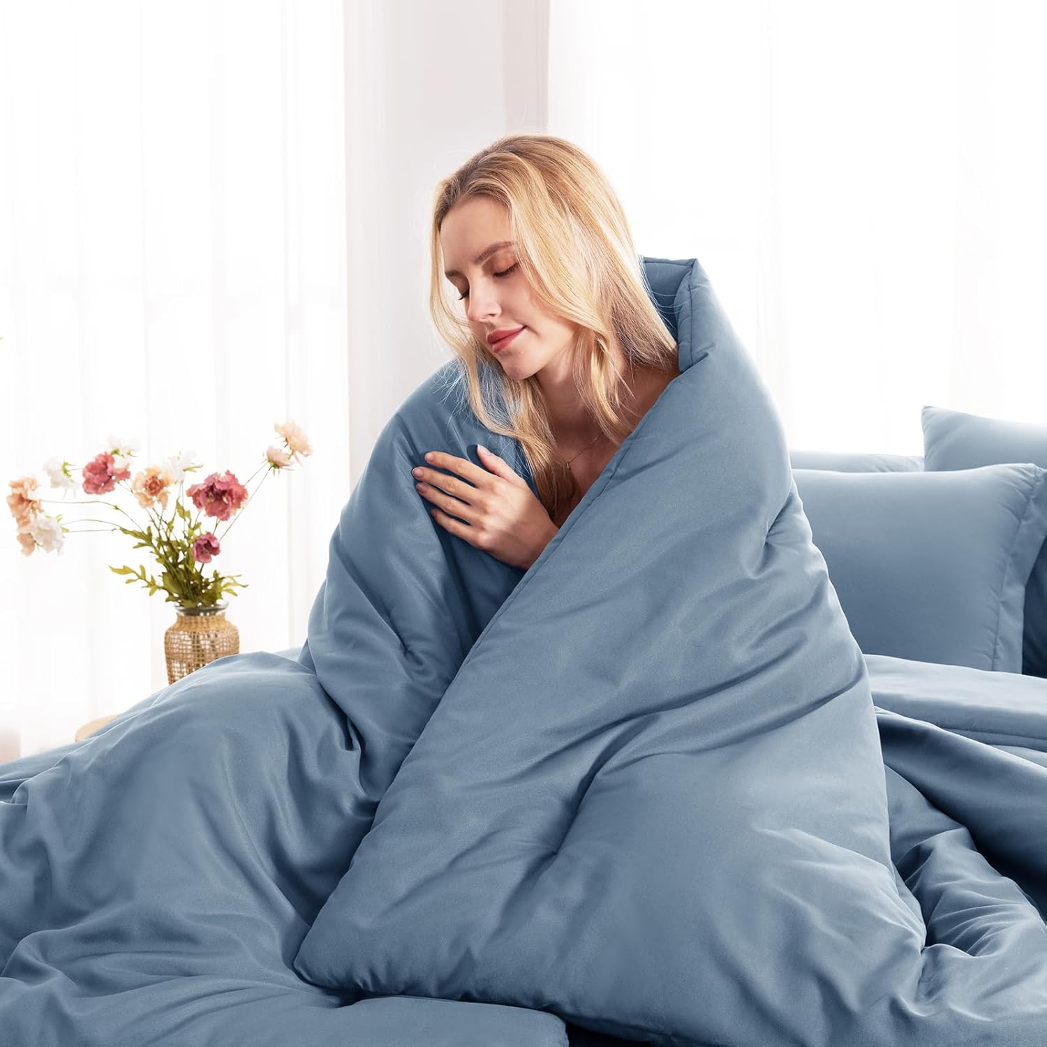 CozyLux Full Comforter Set Grayish Blue, 7 Pieces Bed in a Bag Bedding Comforter Set with Sheets, All Season Boho 7PC Bed Sets with Comforter, Fitted Sheets, Flat Sheets, Pillow Shams and Pillowcases - Image 7