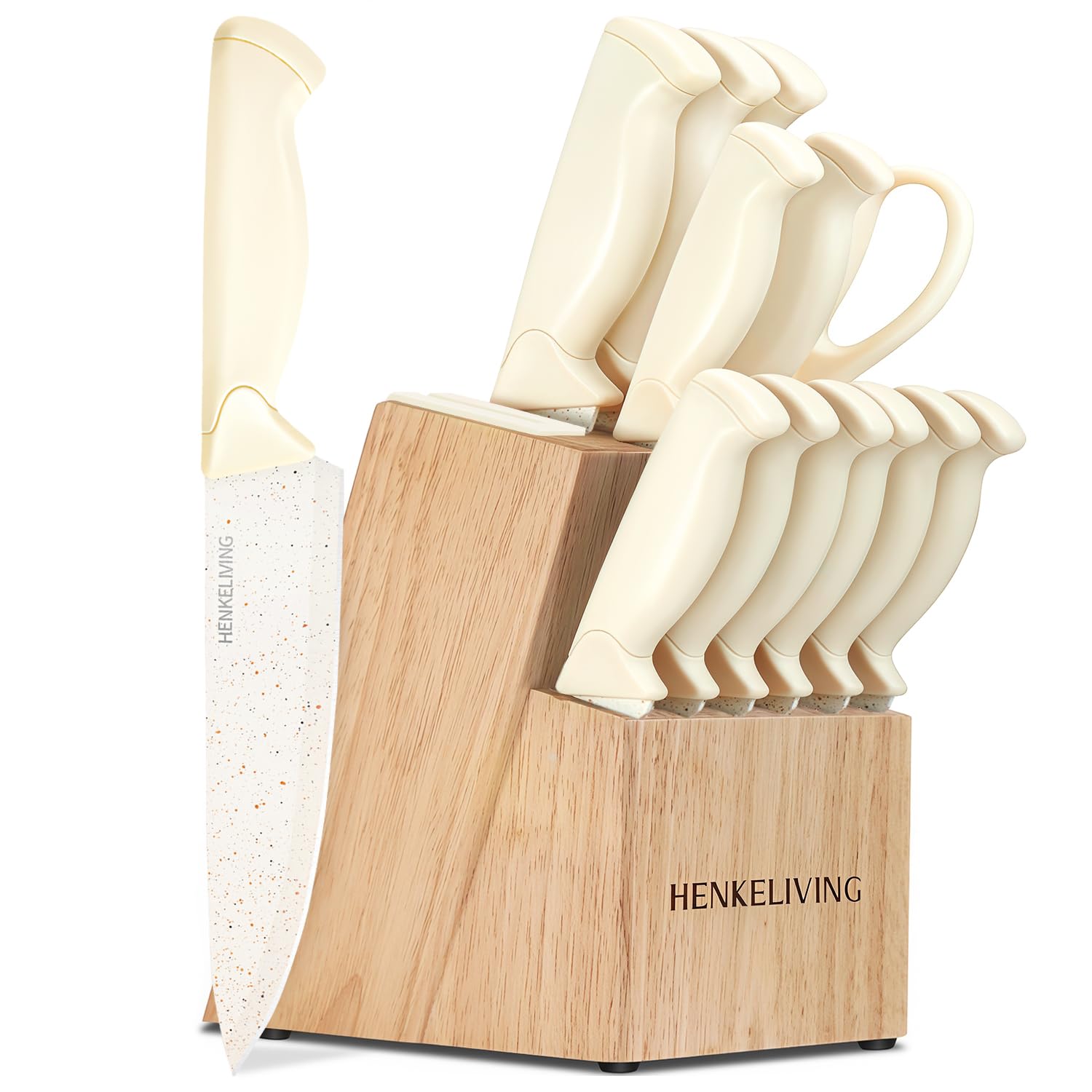14-Piece Cream Kitchen Knife Block Set with Built-in Sharpener