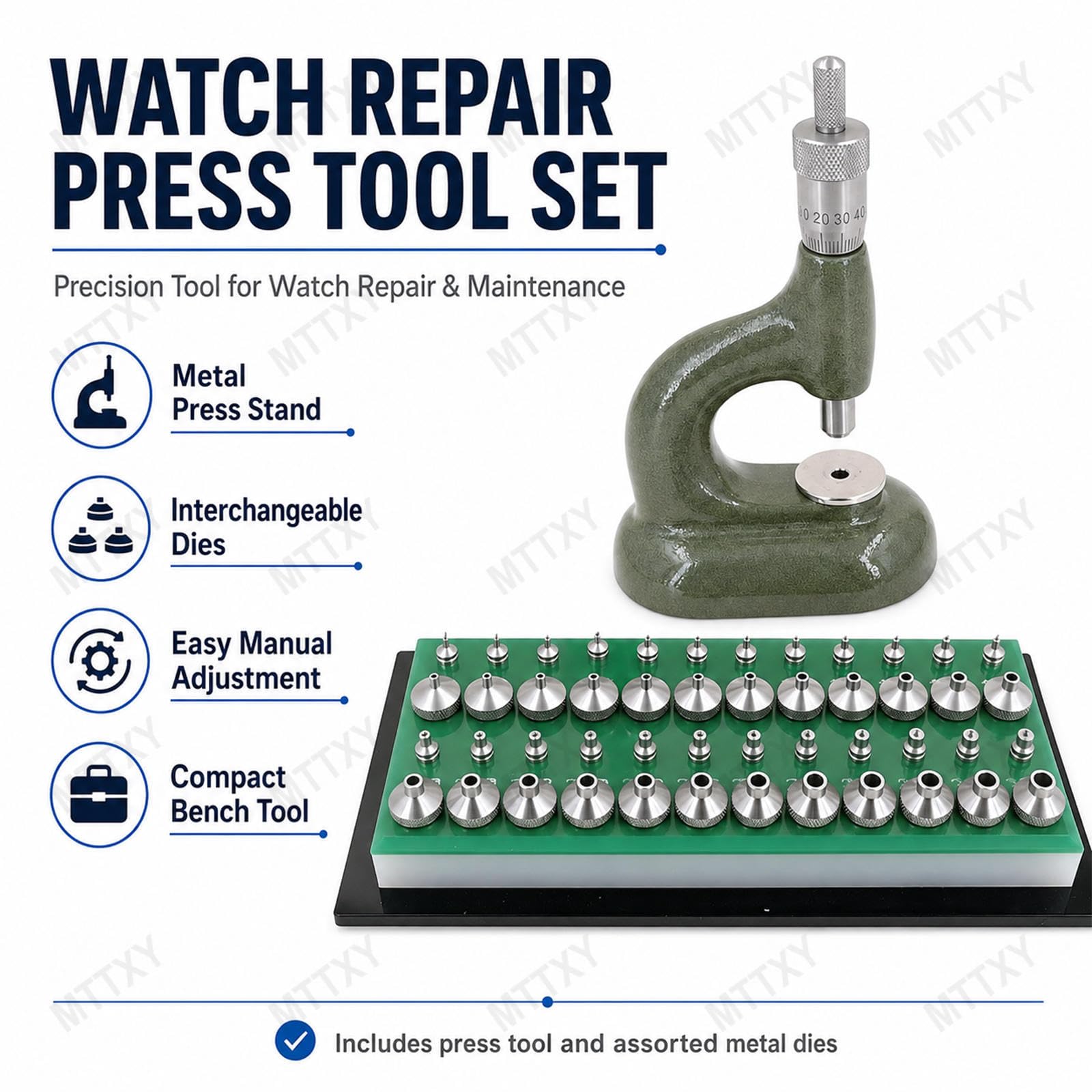 Kit Herramientas Relojero, Prensa de Precisión para Reparación con Matrices