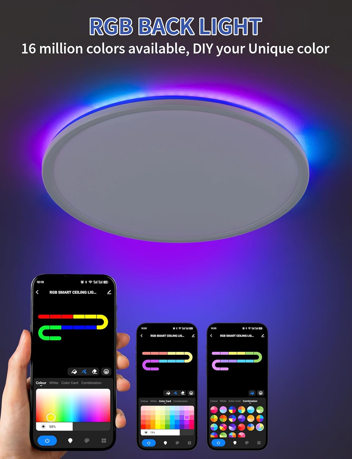 Smart Ceiling Light, RGB LED Flush Mount Ceiling Light with Remote，Ambient Lighting Fixture, 11 Inch 24W 2400LM 3000K-6500K, DIY Colors, Timer, White
