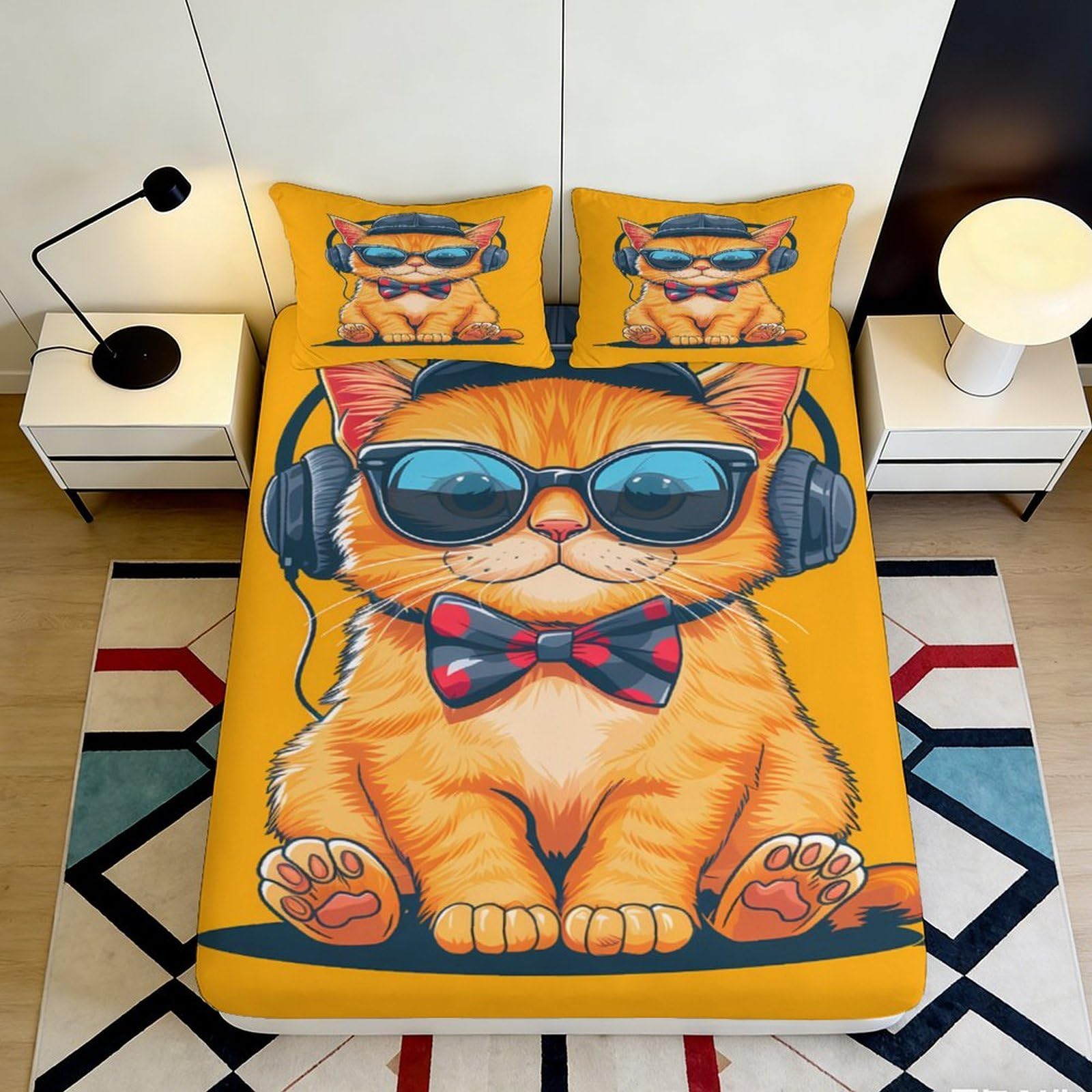 Pnayamiorkfel Style-1 3D Printed Cool Cat Headphone Fitted Sheet Microfiber Orange Cartoon Bed Cover For Bedroom Dorm Mattress Decor 90X200x25cm