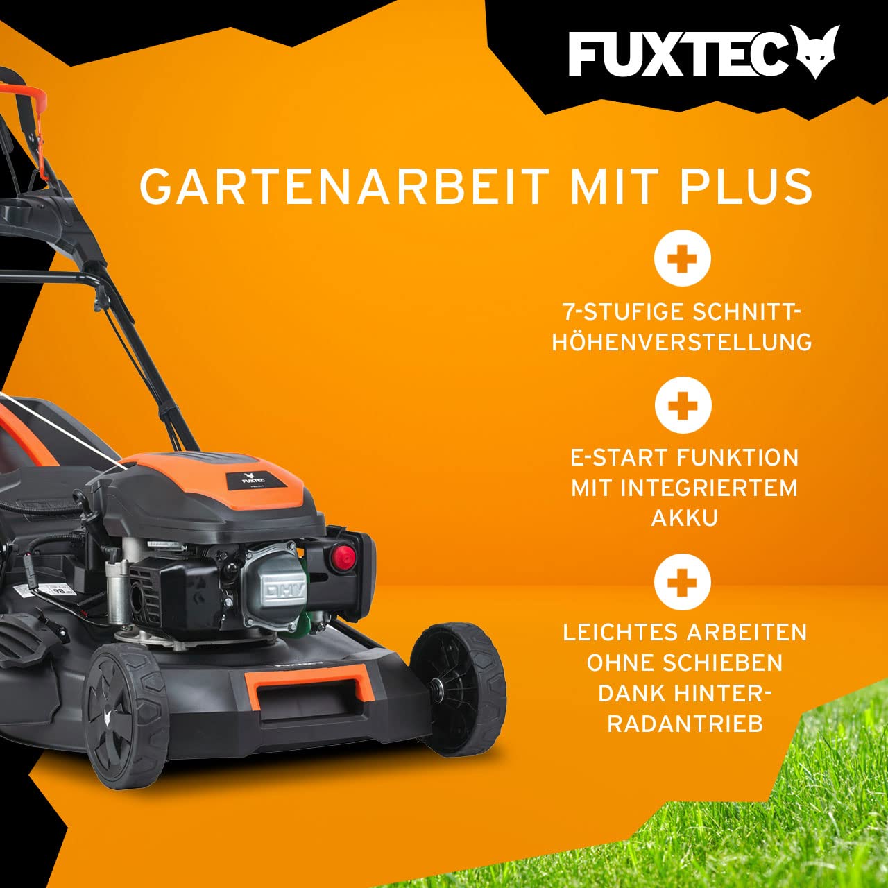 FUXTEC 4in1 Benzin Rasenmäher FX-RM5170eS • mit Antrieb und Elektrostarter • 51 cm Schnittbreite • 4-Takt 170 CCM Motor • 60L Fangkorb • Mulchen, Seitenauswurf & EasyClean