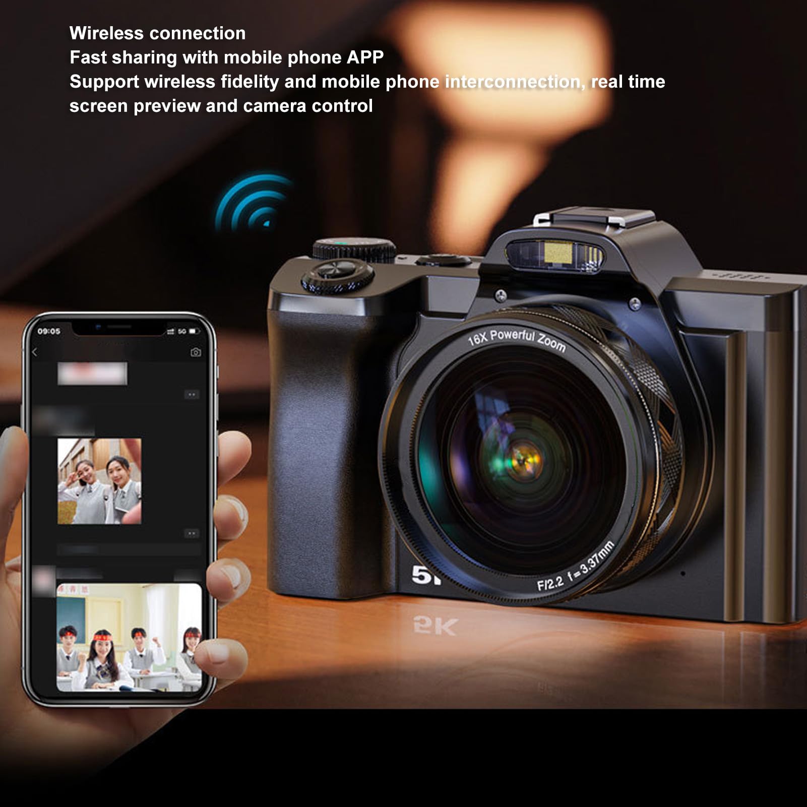 Kompaktowy Aparat Fotograficzny, Cyfrowy Aparat Fotograficzny 5K 48 MP z 16-krotnym Zoomem Cyfrowym i Ekranem 3,5 Cala, Autofokusem, wiernością bezprzewodową, Filtrem UV, do