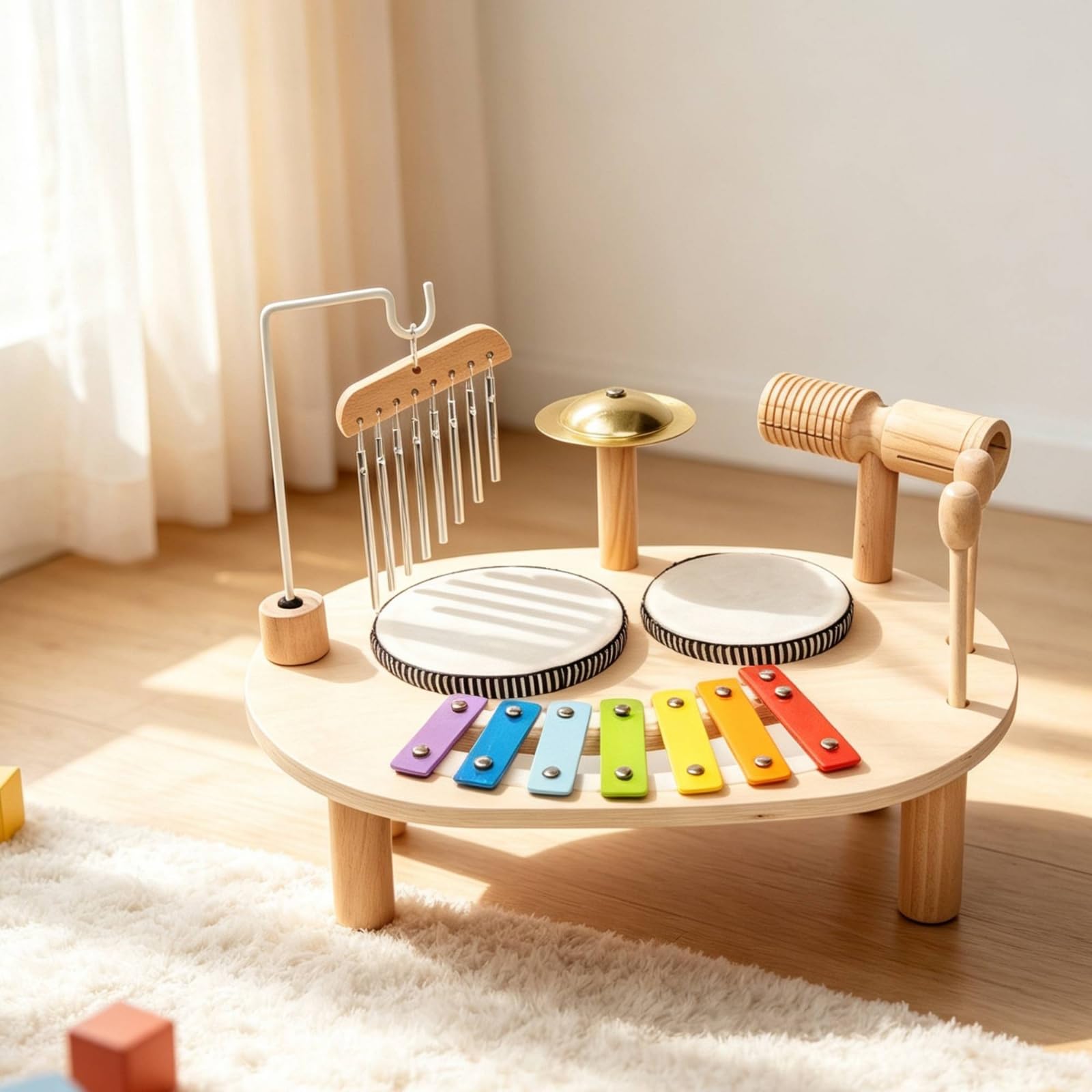 Colcolo Juguete de Percusión para Niños con Completa Base de Mesa con Llaves Metálicas Coloridas Tambores Platillo y Bloque Incluye Mazos Madera y Metal