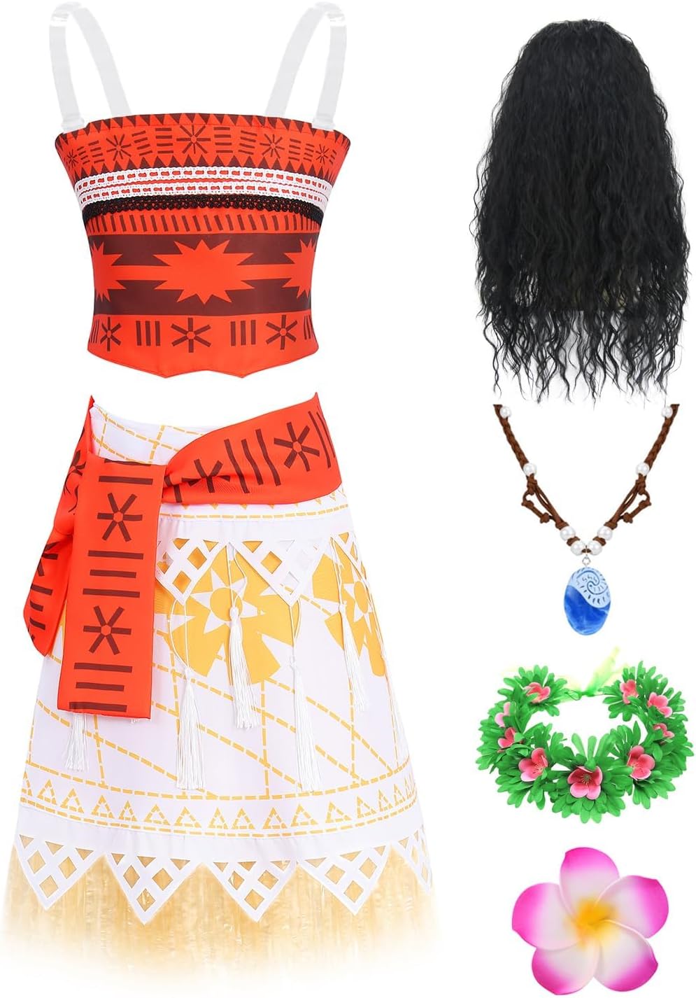 Women Girls Princess Costume Set with Wig Necklace Hairpin Headband for Halloween Ocean Theme Party