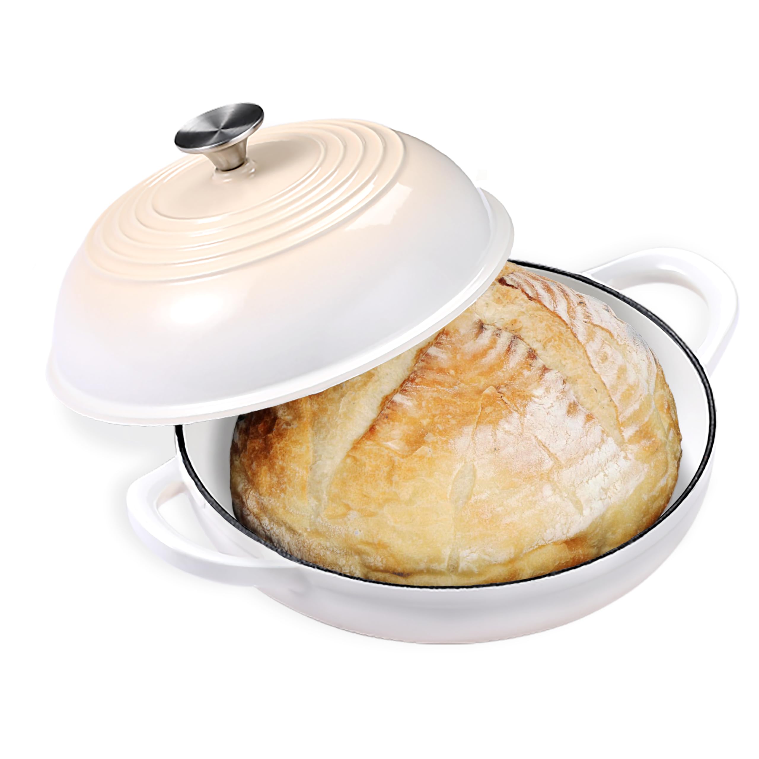 Enameled Round Cast Iron Bread Oven, 6 Qt Cast Iron Dutch Oven for Homemade Sourdough Bread Baking, Bread Dome Pot with Cloche Lid (White)