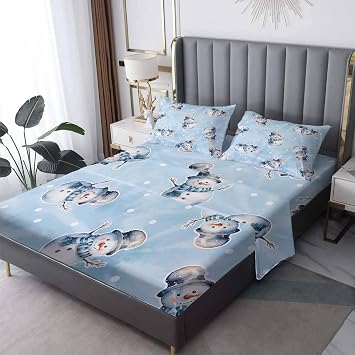 Kids Snowman Sheets Twin XL Sheet Set, Winter Holiday Bed Sheets, Christmas Bedding Bedroom Decor, Soft Microfiber Deep Pocket Fitted Sheet & Flat Sheet & 1 Pillowcase