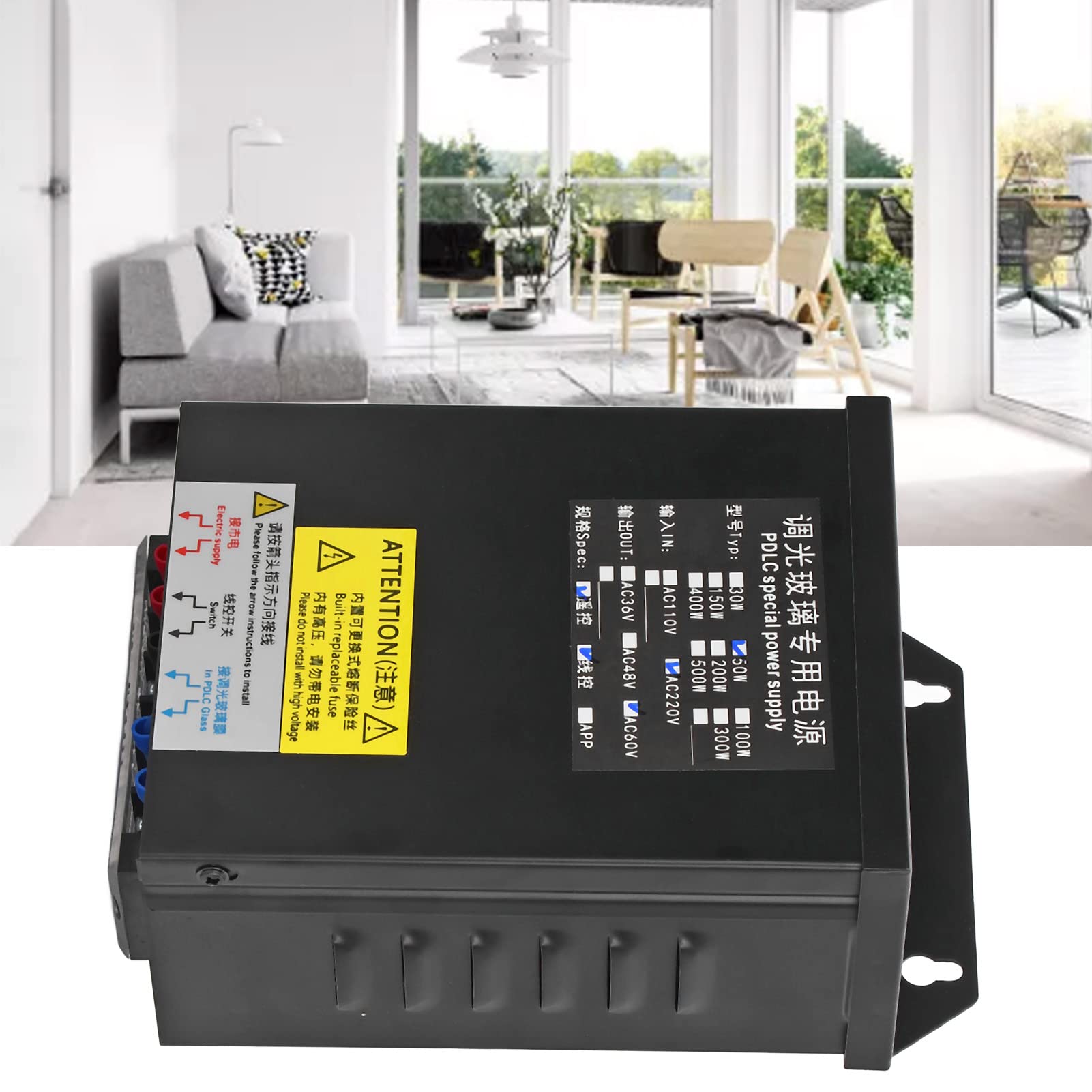 Alimentation intelligente 50 W pour verre PDLC avec sortie AC60 V, 315 MHz, télécommande, matériau en alliage d'acier, haute efficacité, performance sûre, application polyvalente