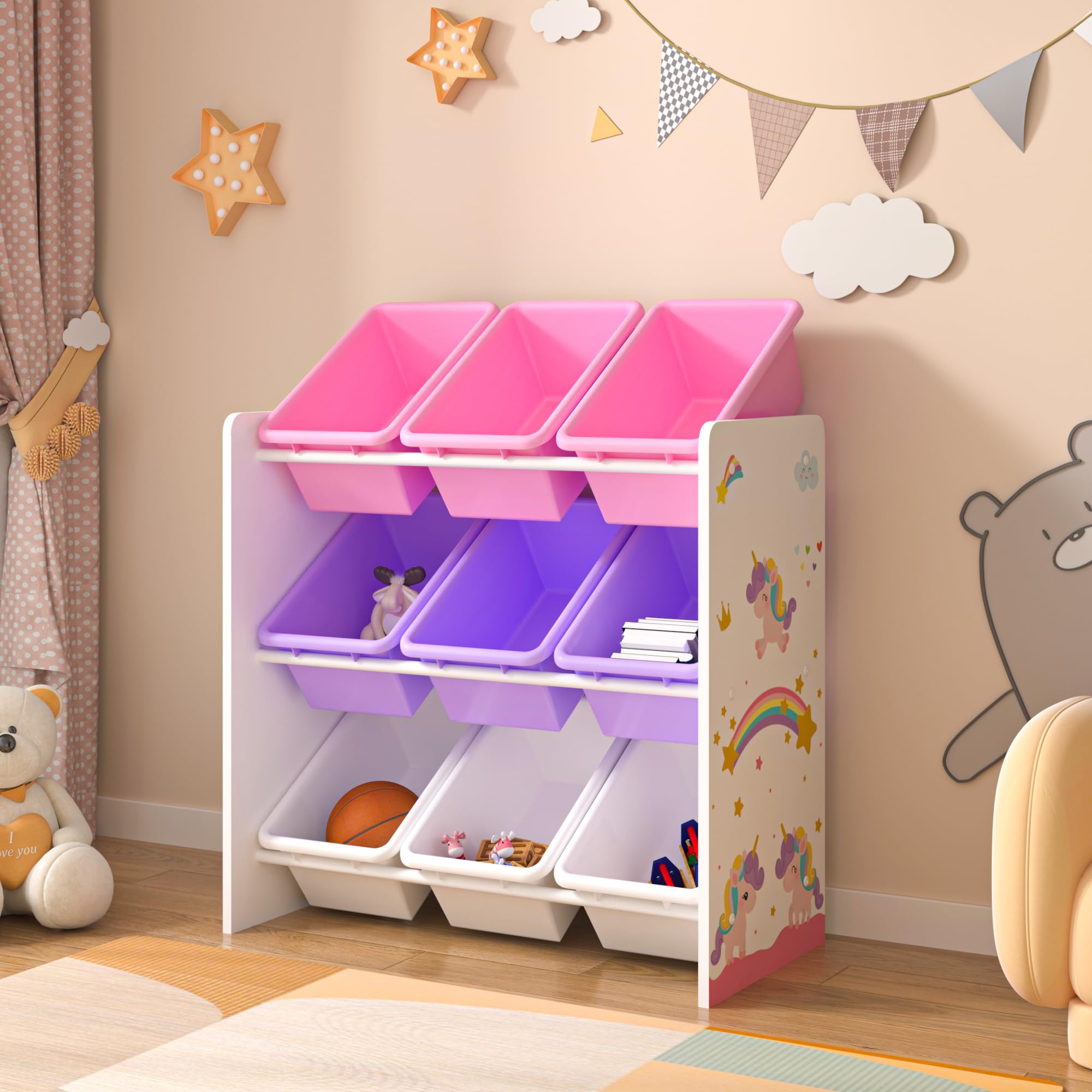 [en.casa] Estantería para Niños Organizador de Juguetes Motivo de Unicornio de 3 Niveles 9 Cajas Aglomerado/Plástico 60 x 62 x 27 cm - Blanco y Violeta/Rosa
