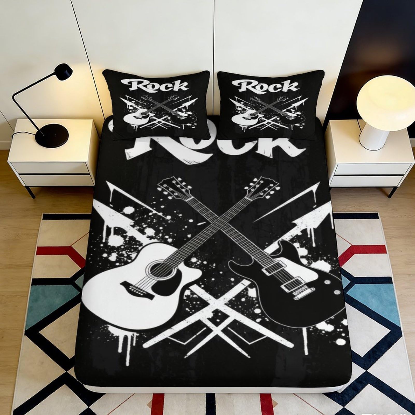 Pnayamiorkfel Style-8 3D Printed Rock Guitar Fitted Sheet Microfiber Black White Bed Cover For Bedroom Guest Room Dorm Mattress Decor 90X200x25cm