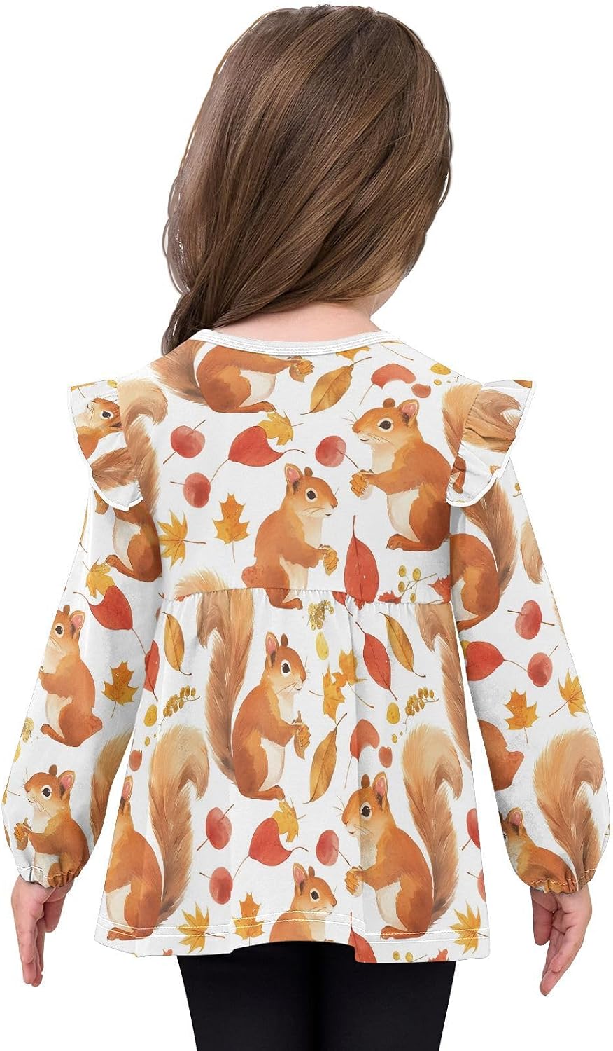 visesunny Toddler Clothes for Girls Cute Squirrel Maple Leaf Long Sleeve Fall Shirts Cotton Top with Ruffle Collar