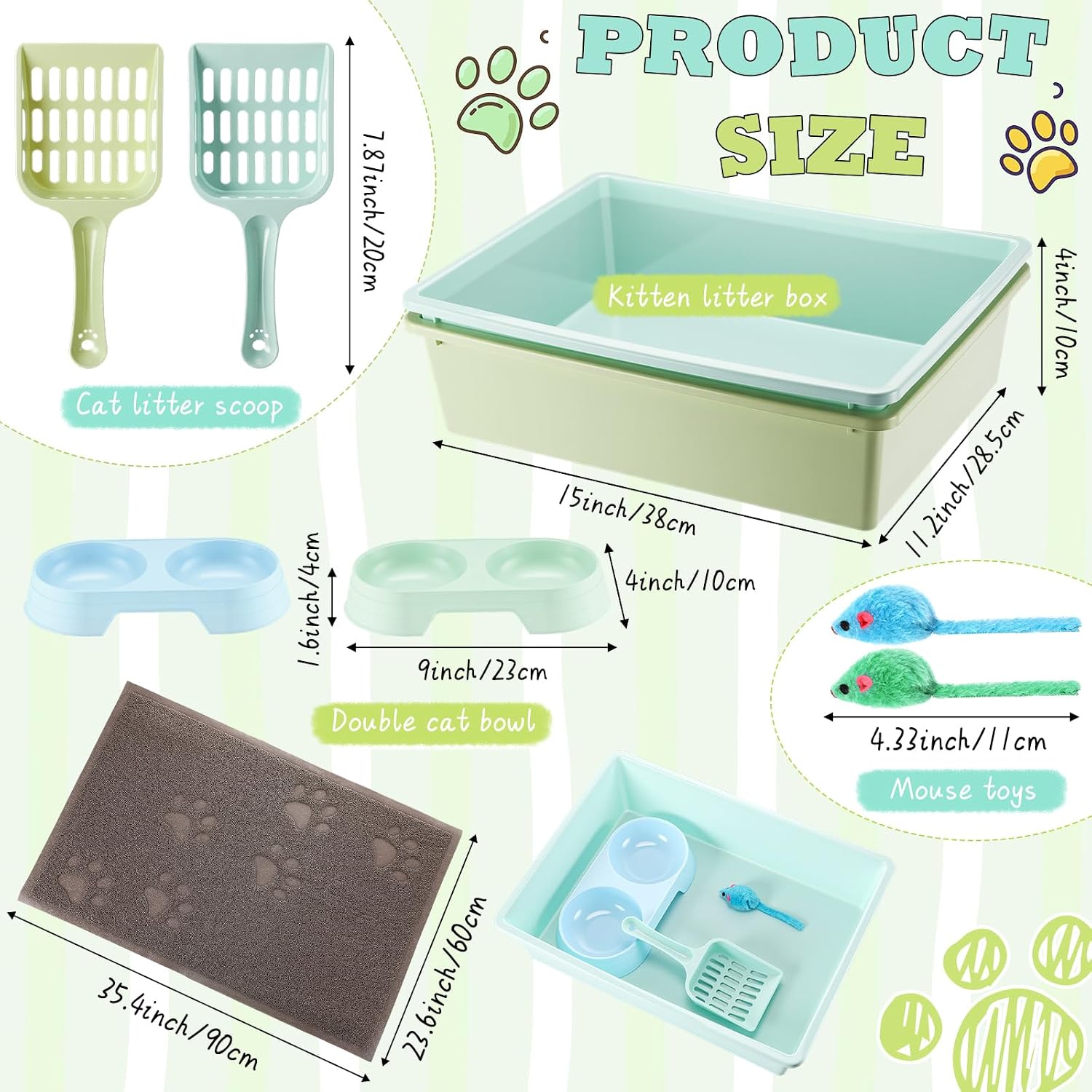 9 Pcs Kitten Litter Box Starter Kit, 2 Plastic Small Cat Litter Box with 2 Scooper, 2 Double Dish Feeding Bowl 2 Mouse Toy and Large Mat for Kitten Indoor