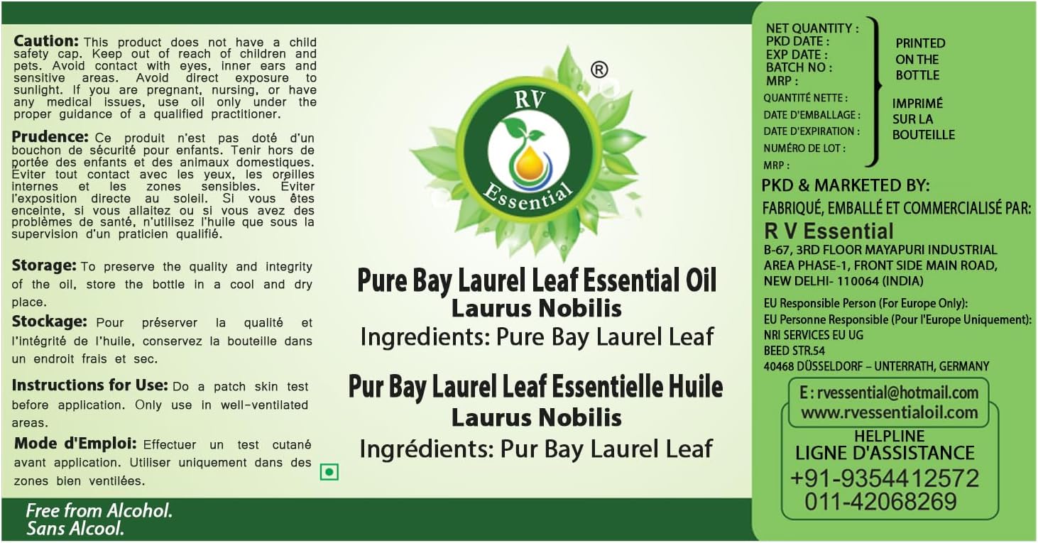 R V Essential Pure Bay Laurel Leaf Essential Oil 100ml (3.38oz)- Laurus Nobilis (100% Pure and Natural Therapeutic Grade)