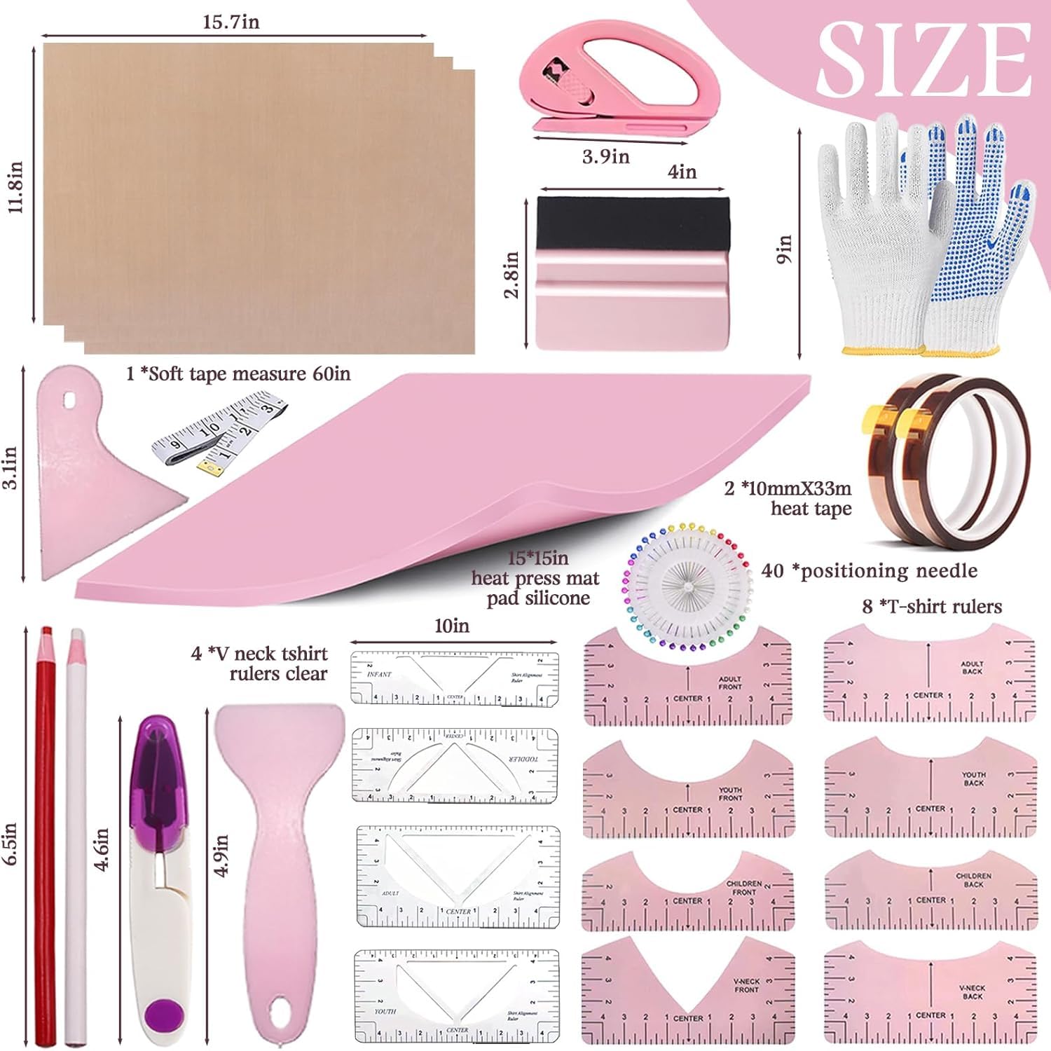 77 pezzi di sublimazione camicie kit di strumenti per l'allineamento del vinile, pad di pressa di calore in silicone, guida regole t-shirt e foglio in teflon per Cricut calore stampa HTV