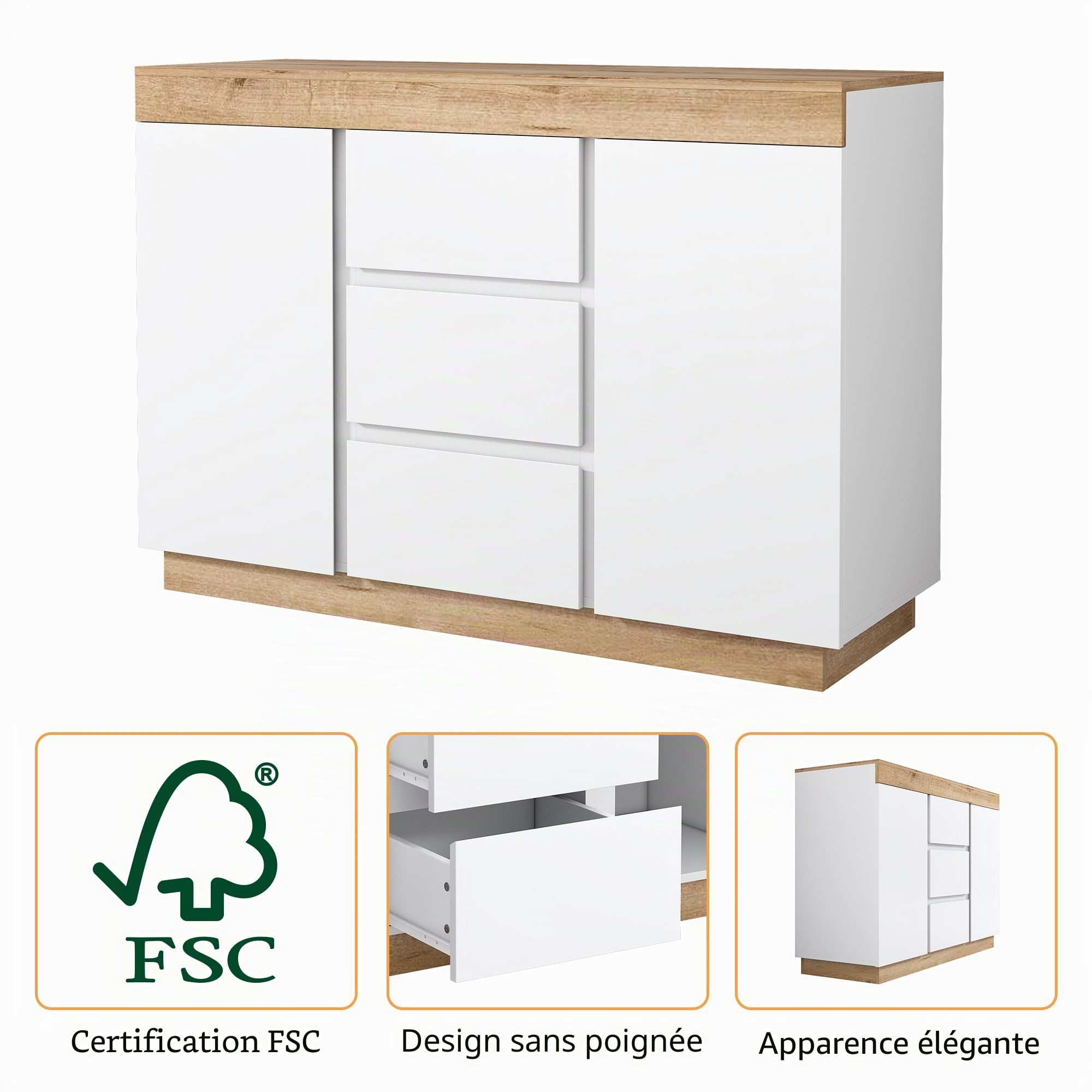 Commode à 3 Tiroirs et 2 Portes en Panneau de Particules E1 - Fonction de Rangement Pour Salon, Chambre à Coucher, Chambre d'enfant, Chambre d'adolescent et Bureau - 120 X 40 X 82 Cm - Blanc et ChêNe