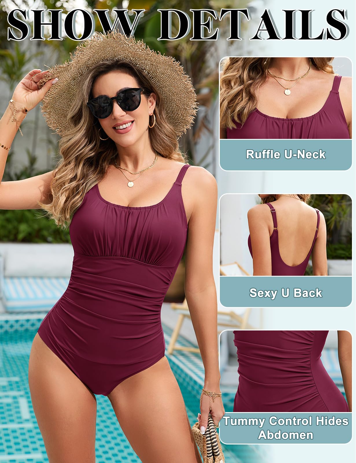 RITOSTA Costume Intero Donna Contenitivo Pancia Costumi Piscina Mare Costume Curvy Costume da Bagno Donna Push up Monokini con Swimwear Imbottito Scollo a U Schiena Bassa