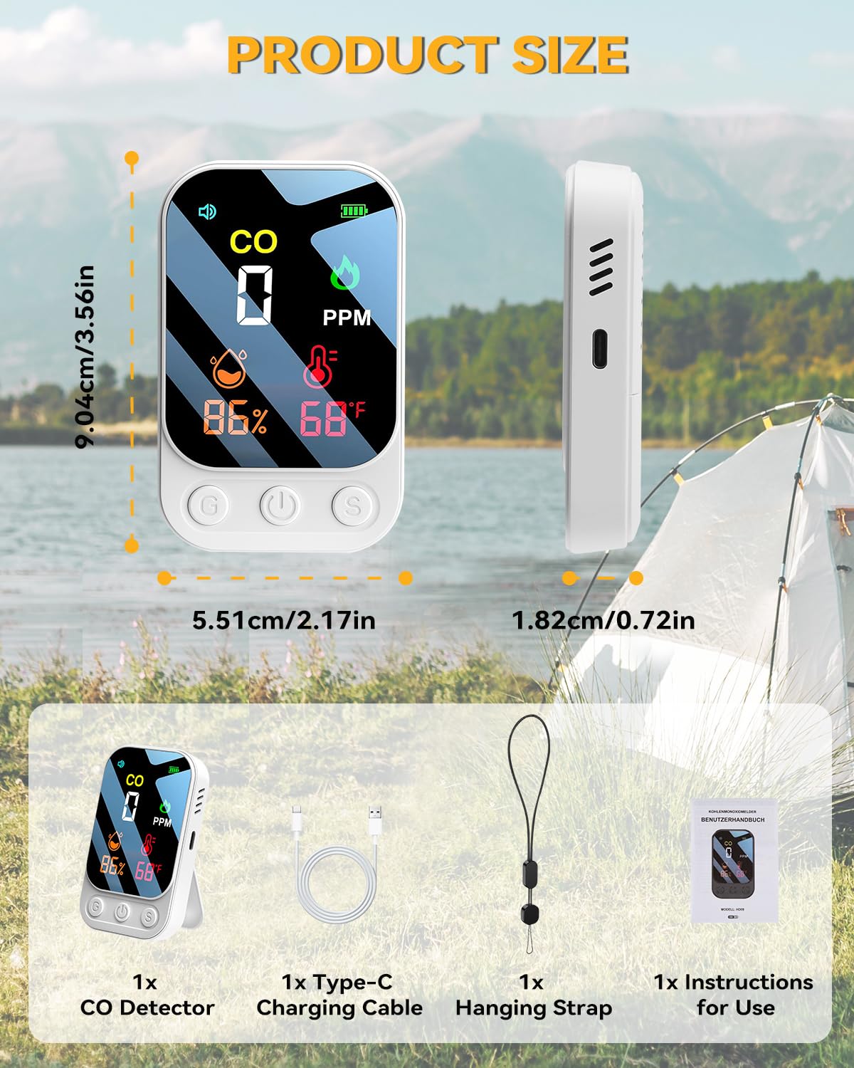 3 en 1 Detector Monóxido de Carbono Alarma De Monóxido Co Portable Carbon Monoxide Detector con Temperatura Humedad Alarma Audible y Visual para Viajes en Casa Camping Autocaravana