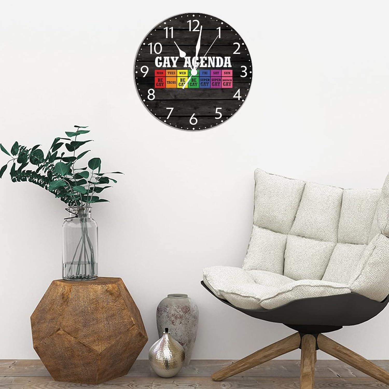 UFunhome LGBT Pride Wood Wall Clocks Gay Agenda Wood Wall Clocks Pride Bisexual Clock Non-Ticking Battery Operated 12 Inch Farmhouse Clock for Office Home Bedroom School Kitchen