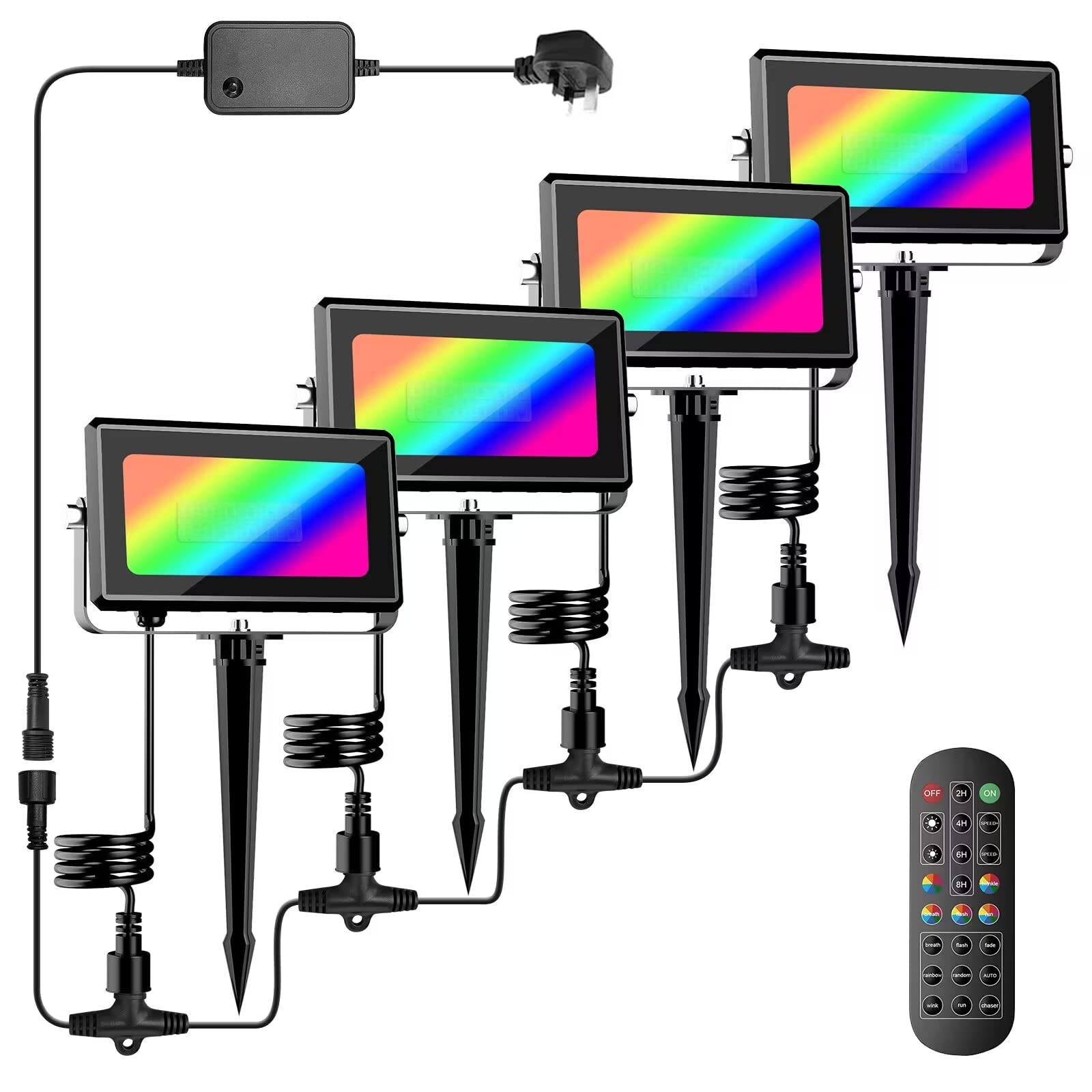 GLUROO Floodlight Outdoor RGB 40W,Colour Changing LED Flood Lights with Remote Control,LED Landscape Lights Dimmable,Timing,Garden Lighting Waterproof for Landscape,Pathway,Party,UK 3-Plug 4Pack [Energy Class A+]