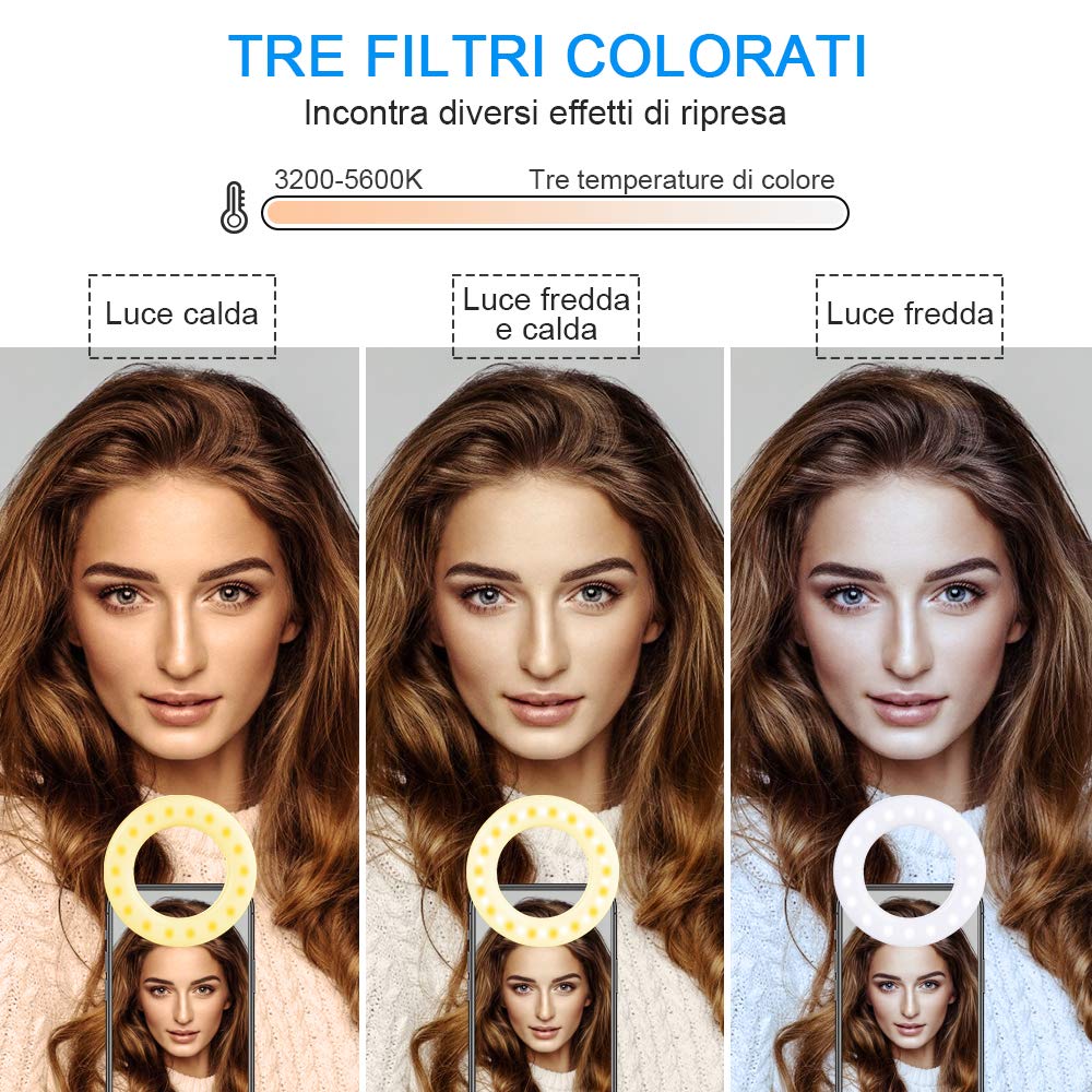 Diyife Selfie Ring Light Ricaricabile 3 Livelli Luminosità 40 LED con Clip per Telefono YouTube Facebook Live Stream