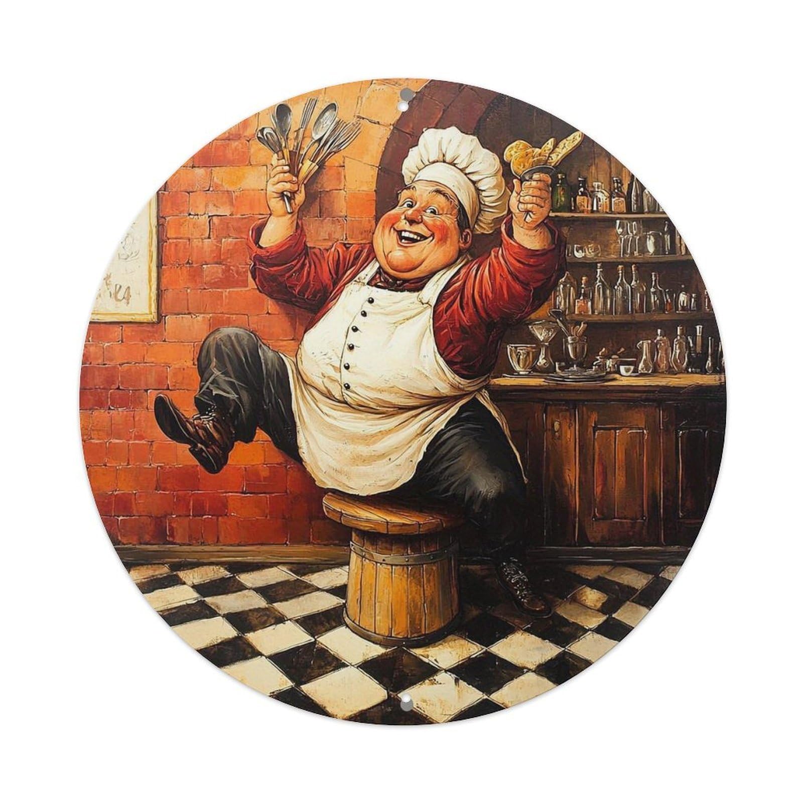 Happy Chef In Kitchen Scene Tin Sign Metal Poster Vintage Metal Signs for Home Man Cave Bar Cafe Kitchen laundry room Wall Decorations 8x8 inches