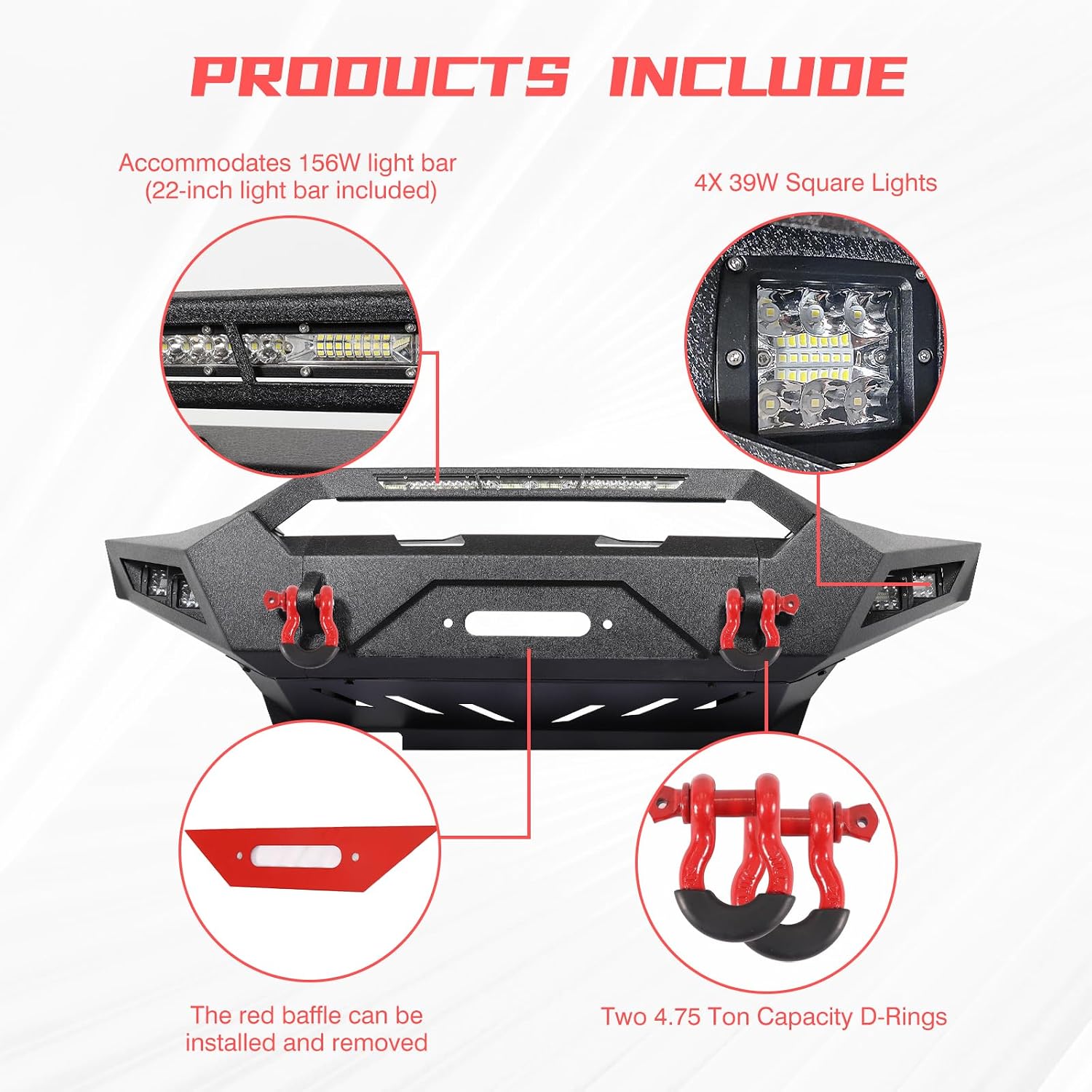 Front Bumper and Rear Bumpers Combo Compatible with 2005-2015 Toyota Tacoma 2nd Gen Pickup Truck, Offroad Full Width Bumper w/Winch Plate & 1x 156W LED Light Bar & 4 x LED Lights & 2 x D-Rings