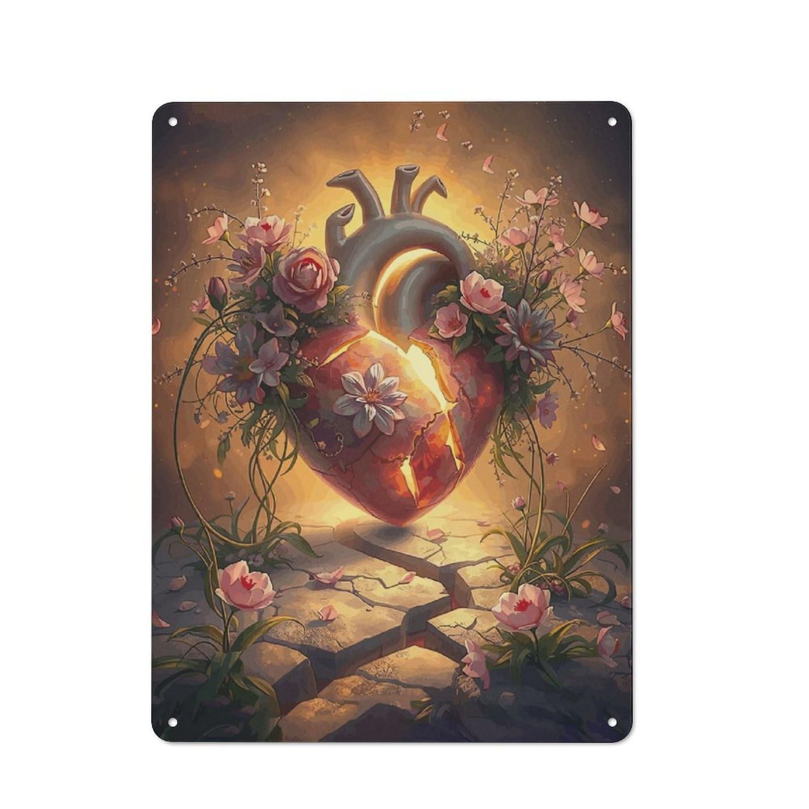 Junmoney Broken Heart With Flowers For Café Or Restaurant, Vintage Metal Sign 40X30cm, For Vintage Wall Decor Fans, For Cafés, Pubs And Restaurants