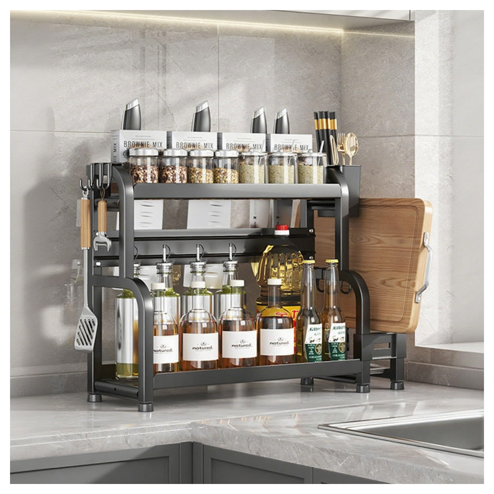 HADECOLL Tall Countertop Spice Rack Organizer, Carbon Steel Construction With Railing Design, For Cabinet Bathroom Pantry,Black-2 Tier-50cm