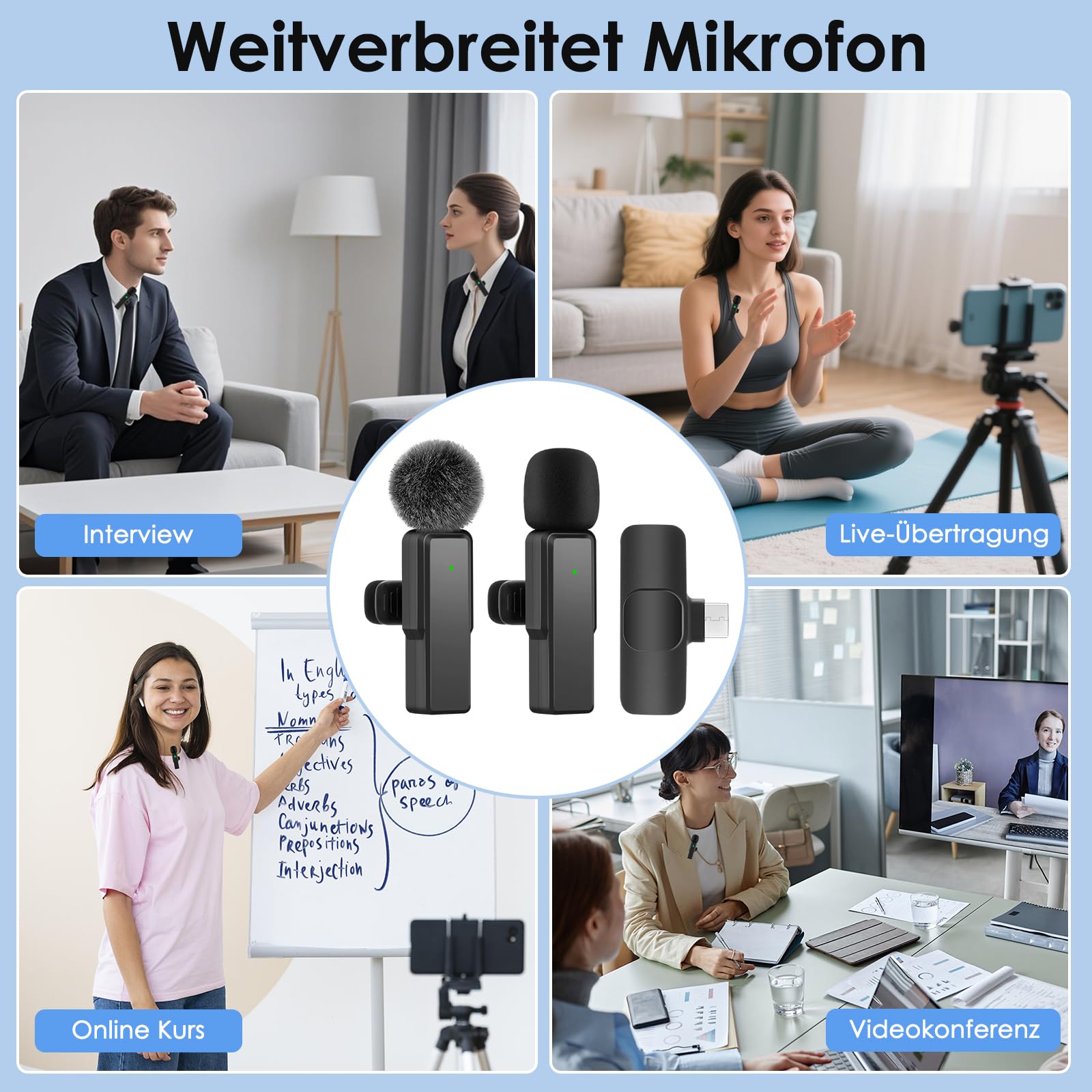 Kabelloses-Mikrofon-Handy for iPhone/Android/Computer PC Mini-Mikrofon Wireless Lavalier Microphone Kabellos Ansteckmikrofon Klein für Streaming, Videoaufnahmen, Interviews, YouTube, TikTok, Vlog