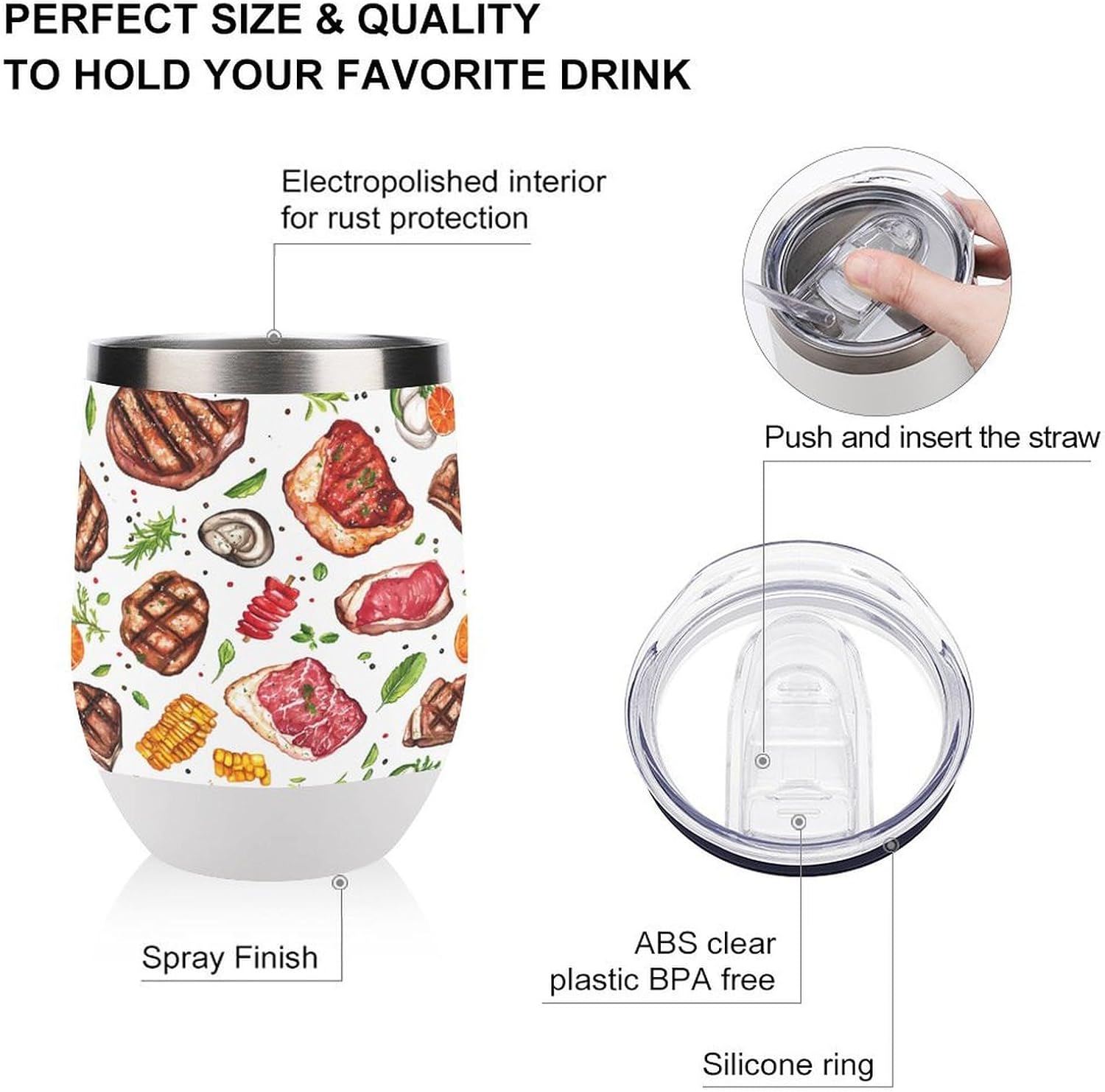 Meat Food And Barbecue Coffee Travel Mug Cup Insulated Tumbler Stainless Steel with Flip Lid One Size