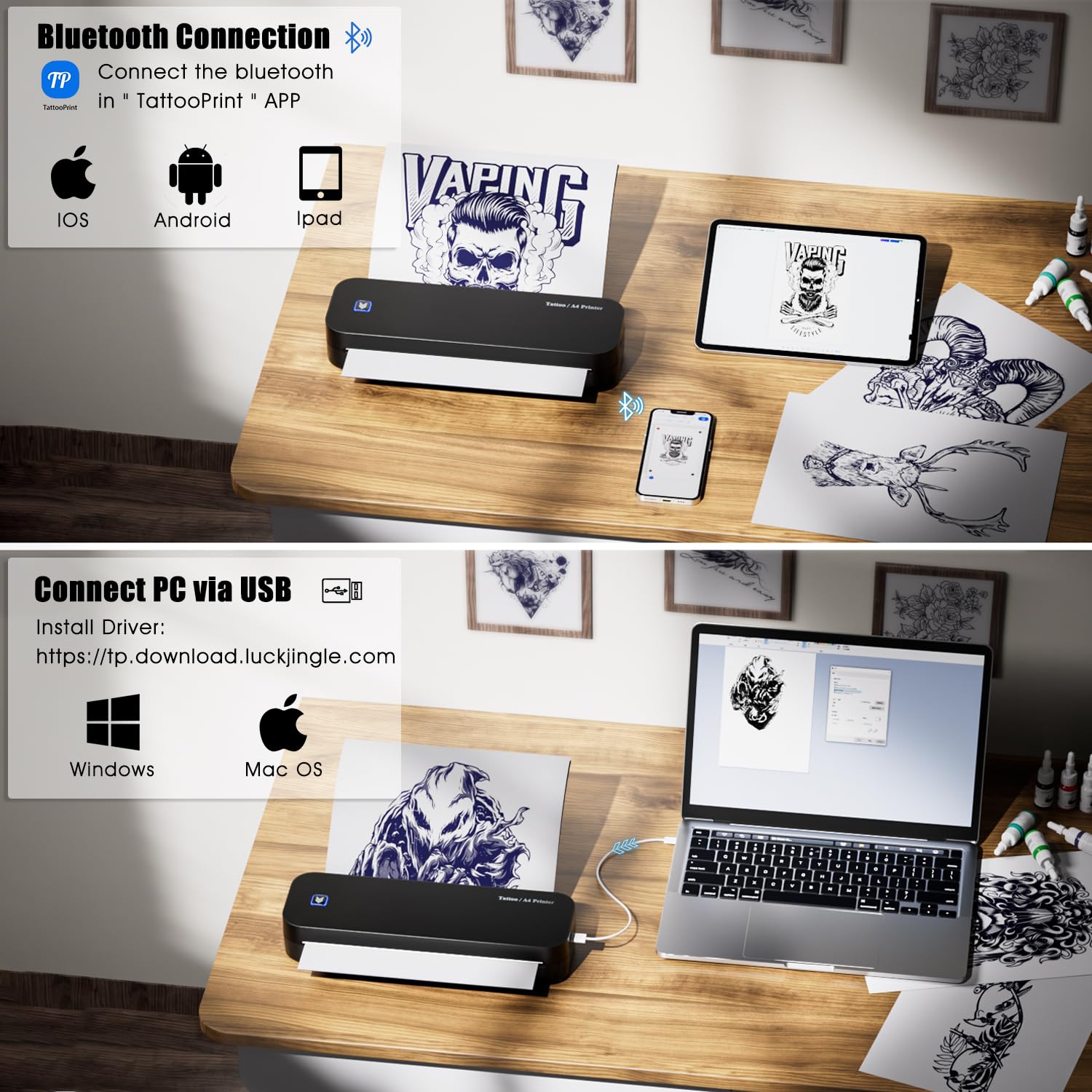Imprimante Tatouage Bluetooth Thermocopieur avec 20 Feuilles de Papier A4 Machine d’Impression de Pochoir de Tatouage Professionnel Compatible avec IPad Téléphone et PC pour Débutants Tatoueur