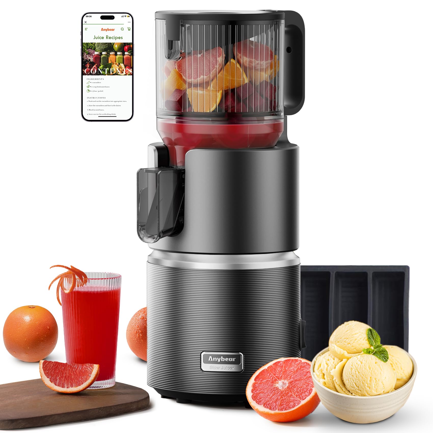 Anybear 350W Entsafter mit 124 mm Einfüllschacht Slow Juicer mit Doppel-Zerkleinerungstechnologie für Ganze Früchte & Gemüse | Hohe Saftausbeute | BPA-freies Tritan-Material（Dunkelgrau）