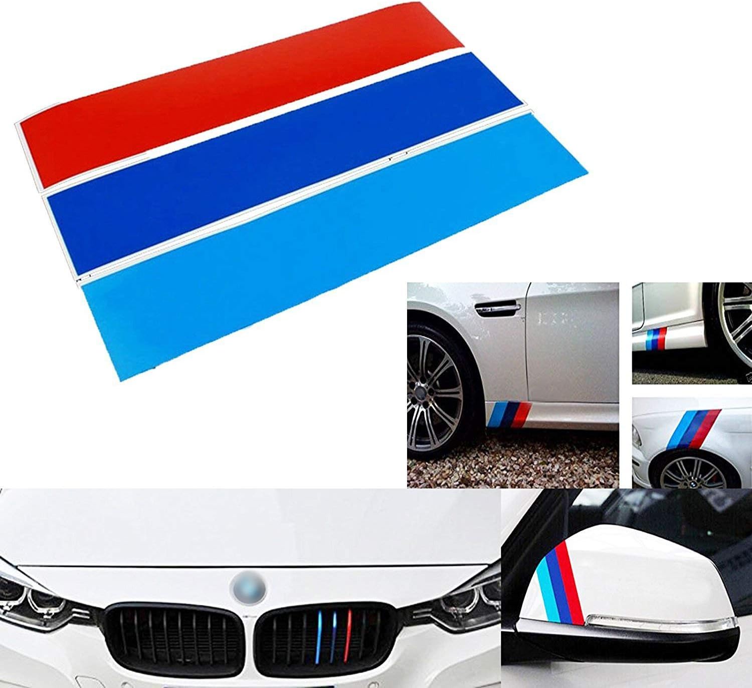 x xotic tech Tri Color Stripe Decal Sticker Compatible with BMW Hood Bumper Side Mirror Exterior Interior Decoration 1”x 10"