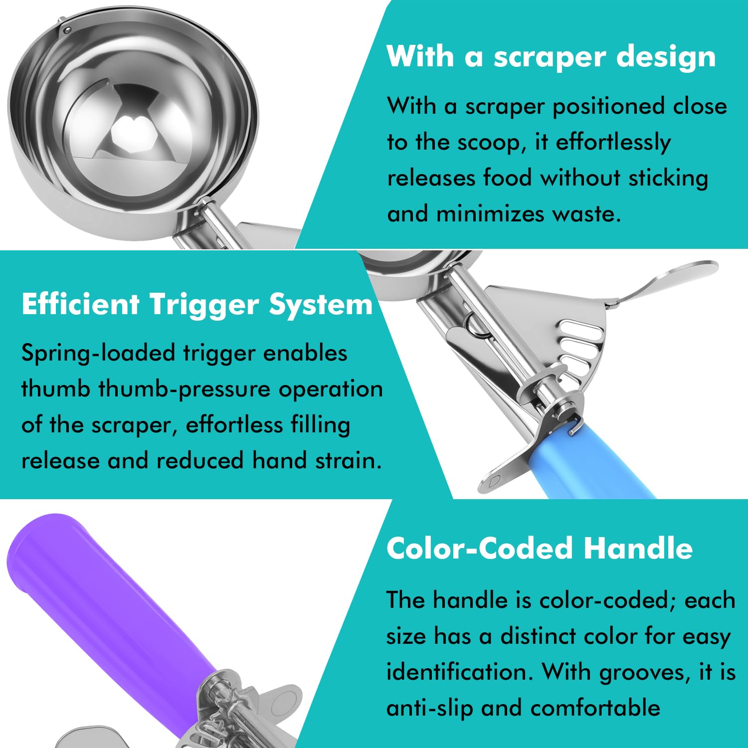 JUNADAEL J Cookie Scoop Set, Portion Scoop Set, Ice Cream Scoop with Trigger, Include Large-Medium-Small Size Disher Scoop, Premium 18/8 Stainless Steel