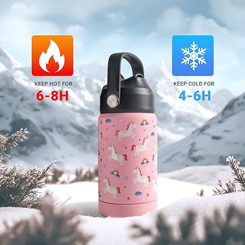 Miniatura 5 de Charcy Botella de agua aislada de 12 onzas con pajilla, botella de agua deportiva con boca ancha, taza térmica de viaje a prueba de fugas, unicornio