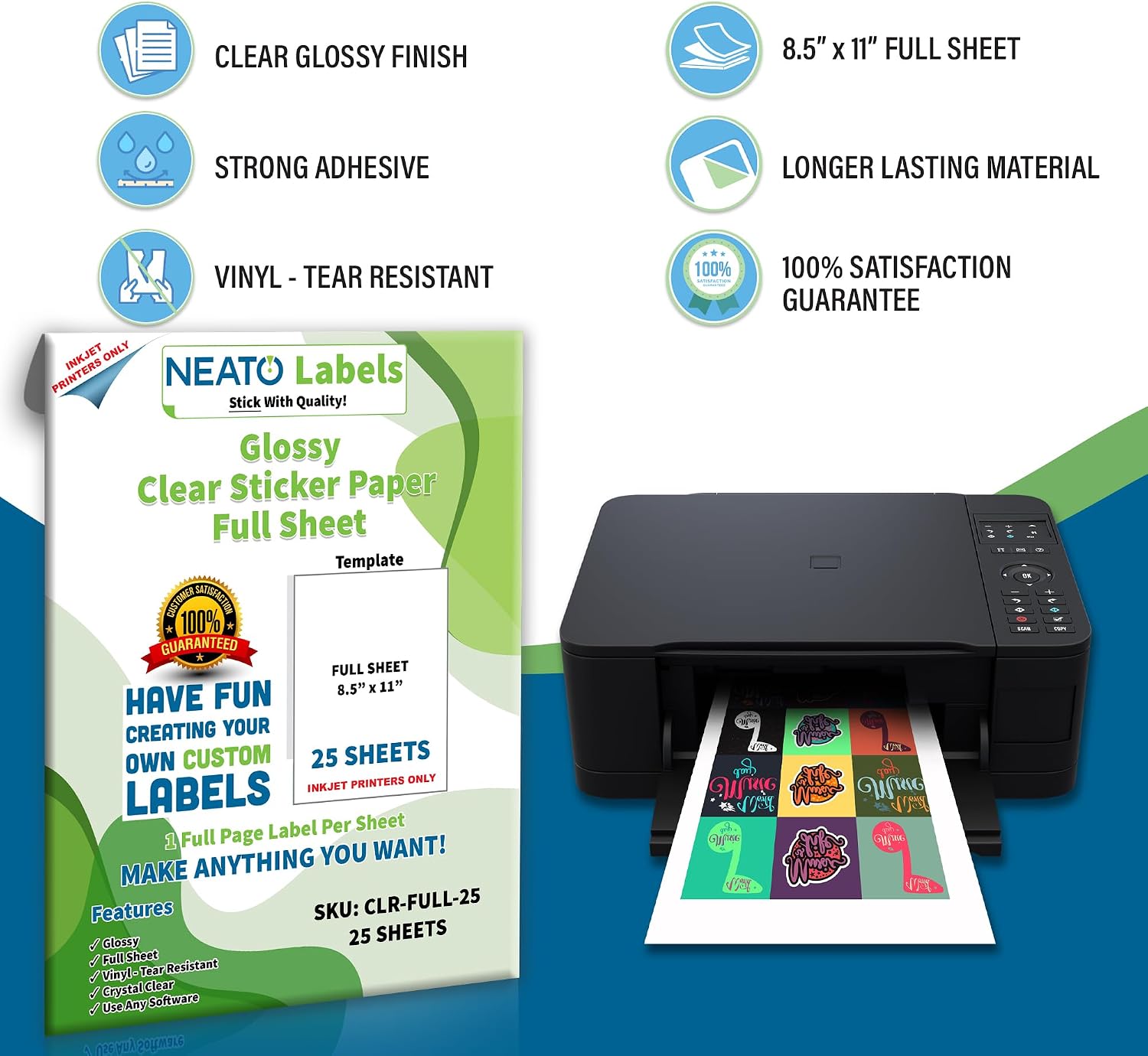 Clear Sticker Paper - 10 Transparent Vinyl Glossy Full Sheet Labels - Smooth Finish - 8.5 x 11 Inch Transparent Printable Sticker Paper - Tear Resistant- Strong Adhesive - For Inkjet Printers