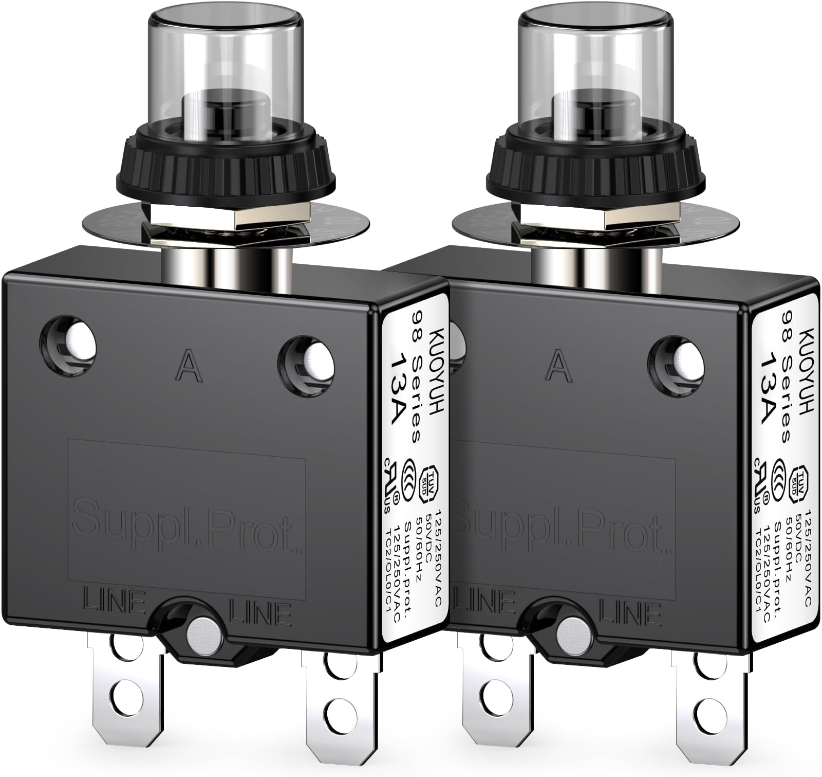 - Thermal Circuit Breaker,98 Series 13A 125/250VAC Circuit Breaker Push-Button Reset with Quick Connect Terminals and Waterproof Button Cover 32VDC Thermal Overload Circuit Breaker - 13 Amp, 2 Pcs