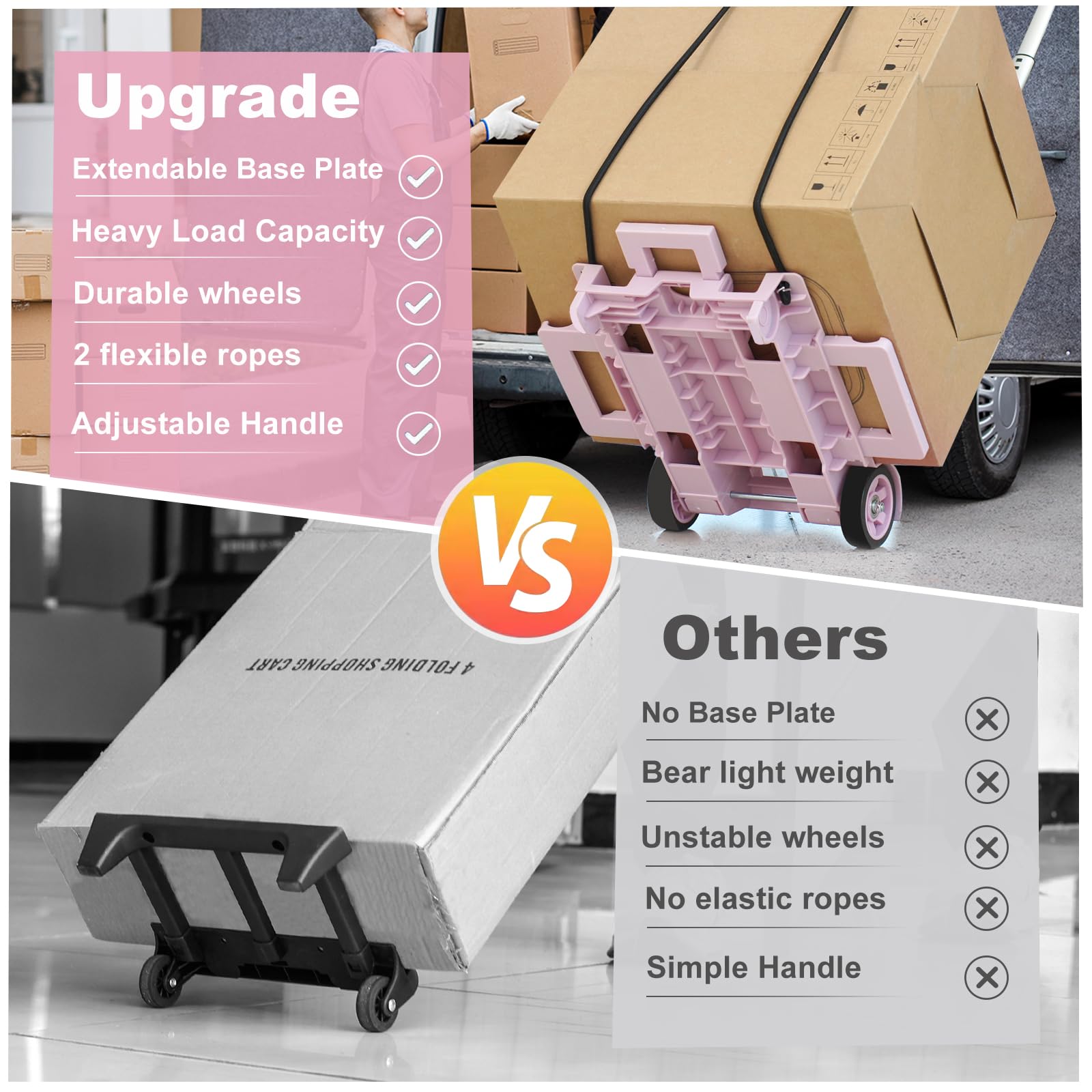 ZHJINGYU Aluminiowy wózek transportowy składany, 35 kg z drążkiem teleskopowym – 2 linki ekspanderowe w zestawie – lekko poruszające się koła – idealny do gospodarstwa domowego i przechowywania (2