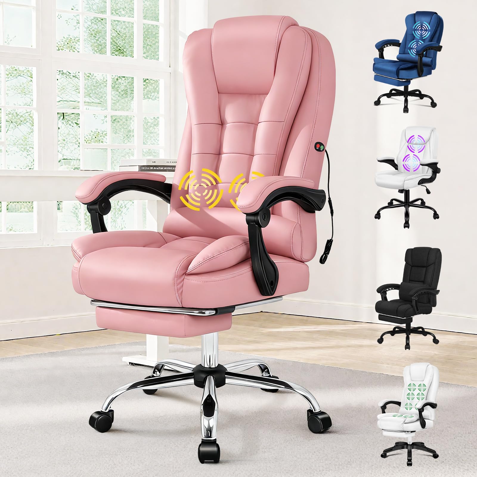 ALFORDSON Sedia Ufficio Ergonomica con Massaggio, Sedia Scrivania con Poggiapiedi e Supporto Lombare, Poltrona Girevole con Rotelle per Studio e Sala Riunioni, Similpelle(Rosa)