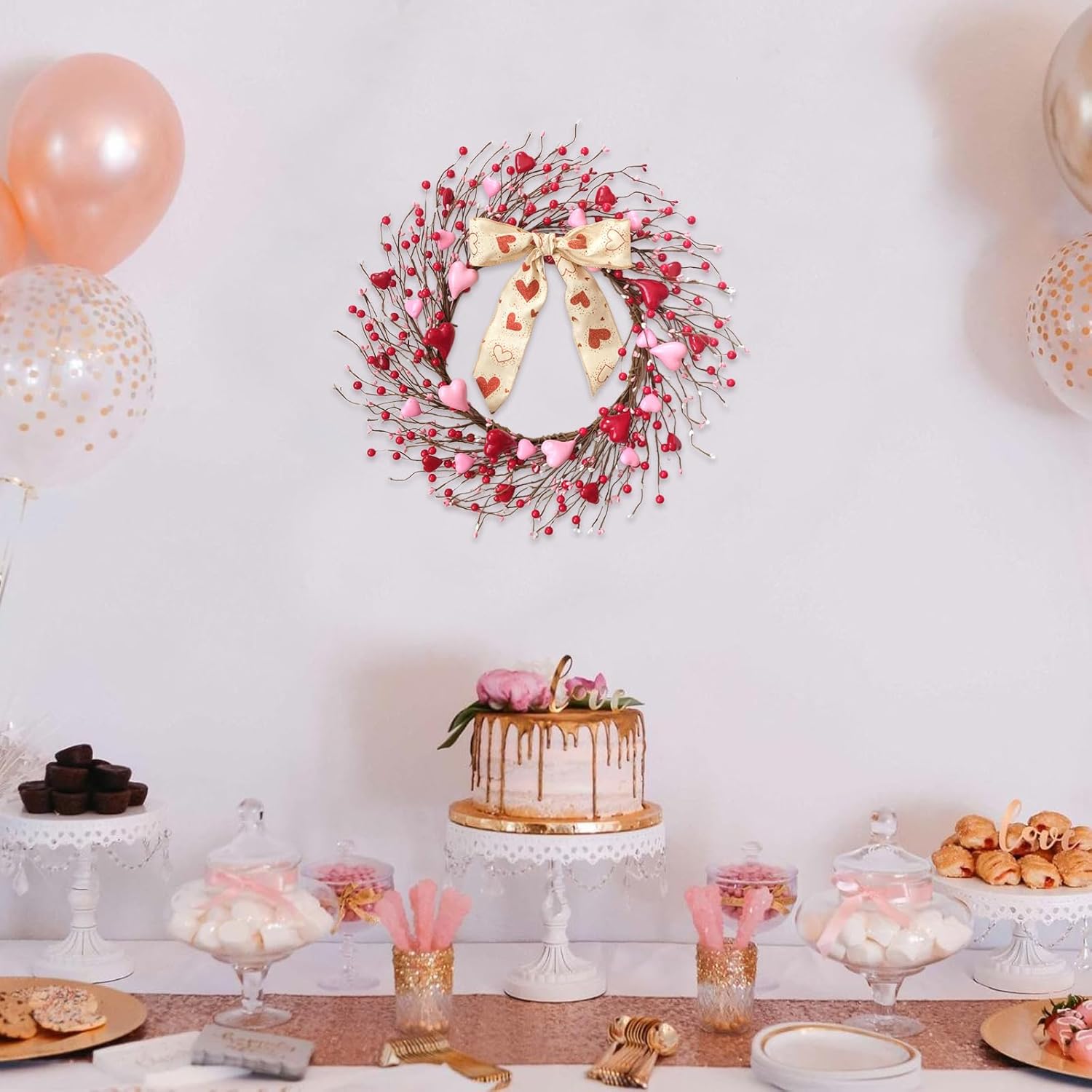 22-inch Valentine's Day Wreath, Red Pink Heart-Shaped Berry Bow Wreath for Front Door Valentine's Day Doorway Corridor Wall Fireplace Decoration Party Wedding Office Decor - Image 5